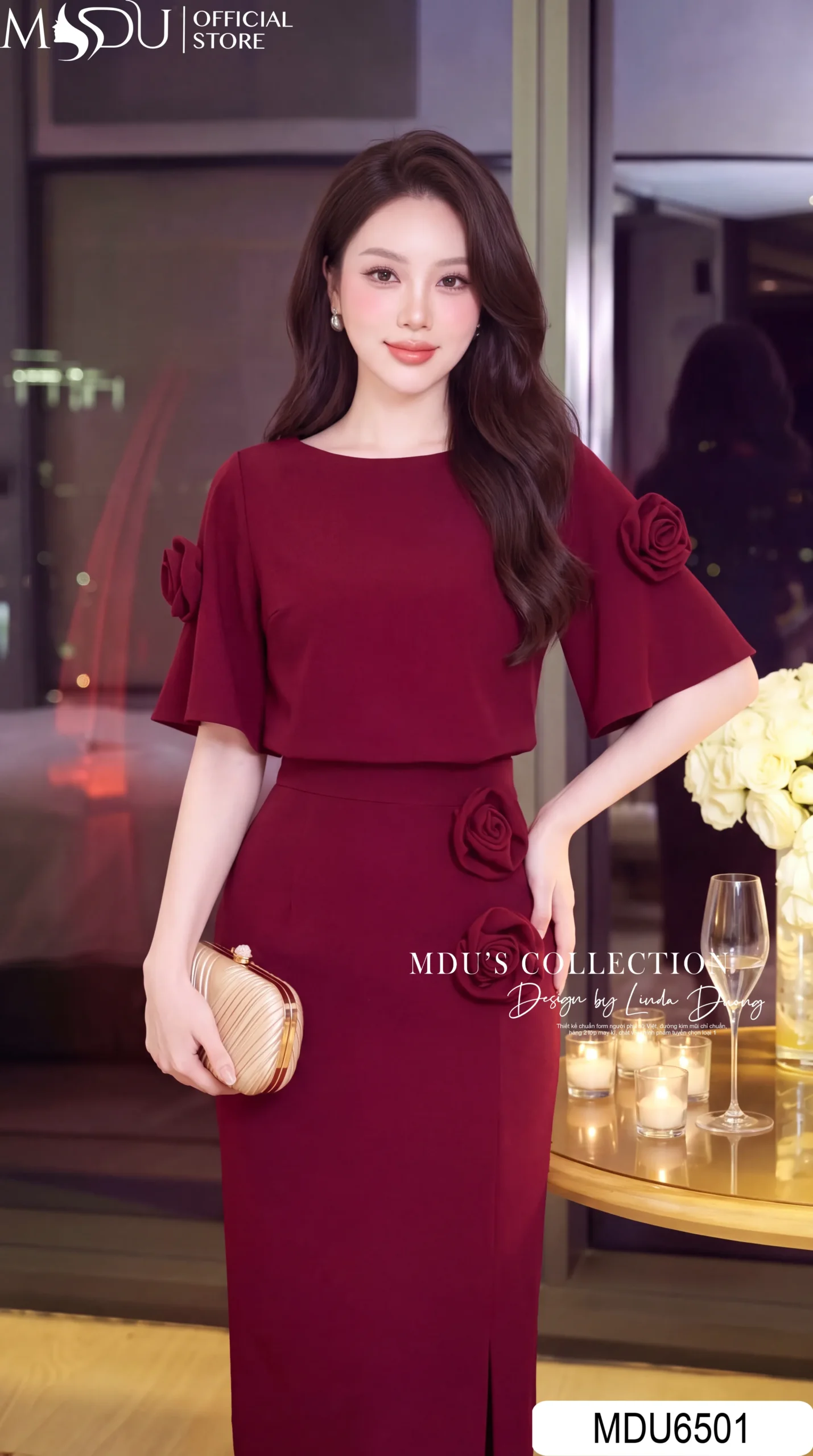 Set Thiết Kế MDU6501 – Lụa Ngọc Trai Đỏ Đô, Phối Hoa 3D Cuốn Thủ Công Sang Trọng 23 Set Thiết Kế MDU6501 – Lụa Ngọc Trai Đỏ Đô, Phối Hoa 3D Cuốn Thủ Công Sang Trọng