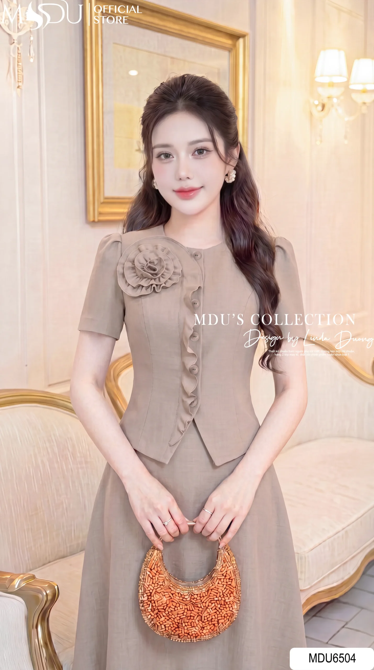Set Thiết Kế MDU6504 – Xước Thái Nâu Nude, Áo Peplum Phối Hoa Cuốn Thủ Công 4 Set Thiết Kế MDU6504 – Xước Thái Nâu Nude, Áo Peplum Phối Hoa Cuốn Thủ Công - Ảnh 2