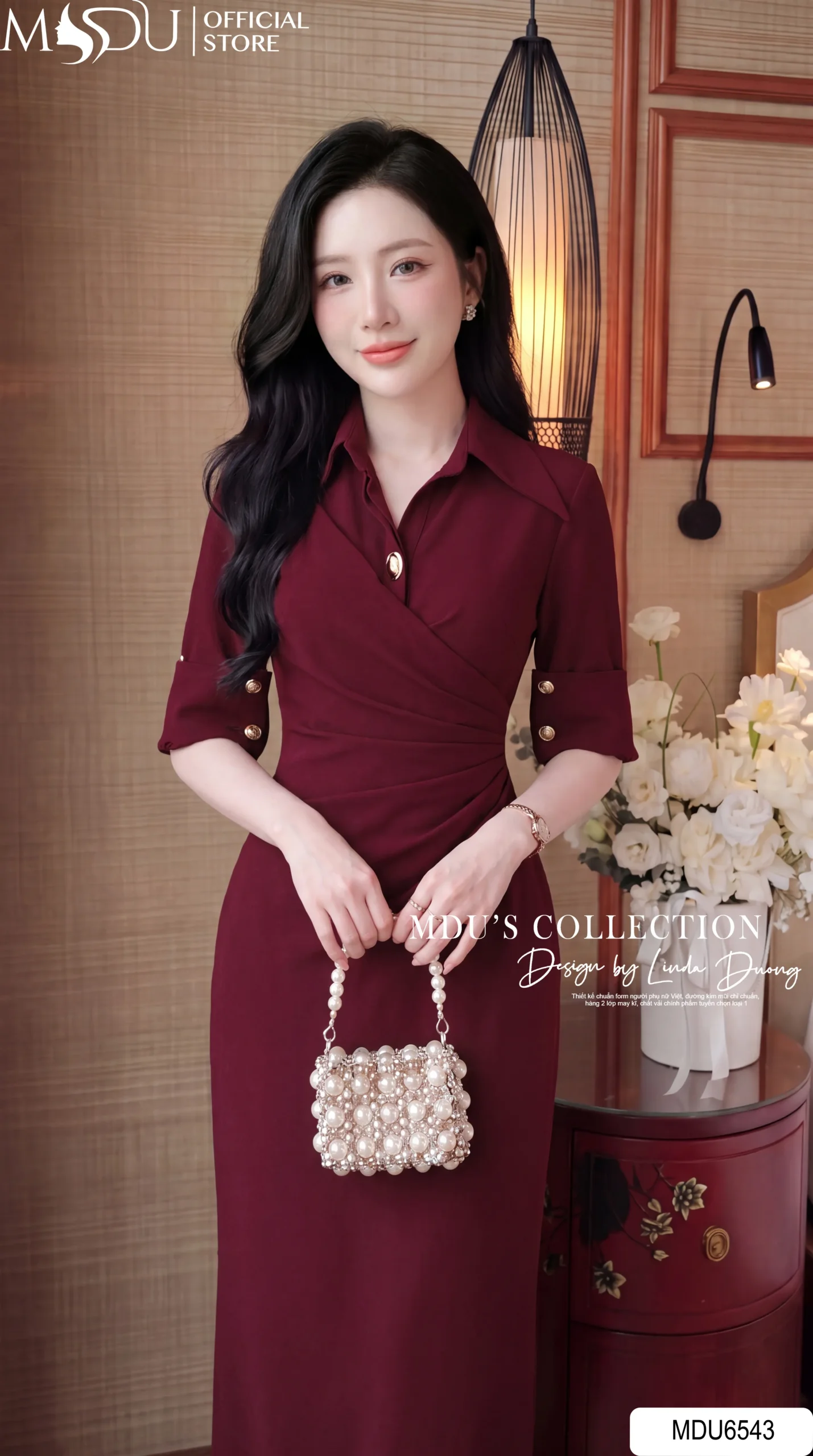 Váy Thiết Kế MDU6543 – Gold Nhật Đỏ Đô, Dáng Ôm Dài Xếp Chéo Tôn Eo 5 Váy Thiết Kế MDU6543 – Gold Nhật Đỏ Đô, Dáng Ôm Dài Xếp Chéo Tôn Eo - Ảnh 3