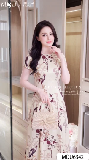 Alternative view of Váy Thiết Kế MDU6342 Mango Ý Dáng Xòe Thanh Lịch Họa Tiết Chim Hoa Tinh Tế