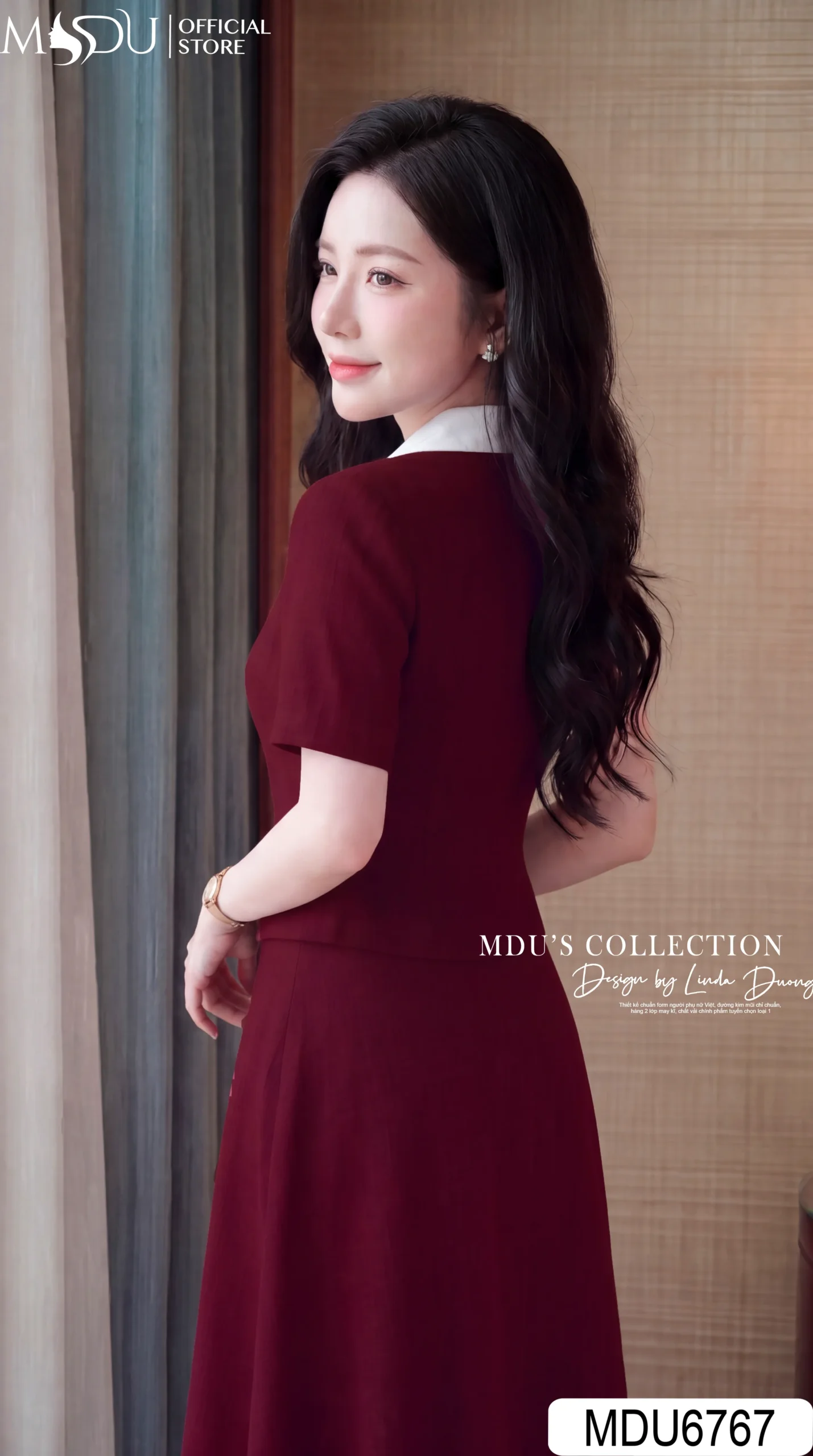 Váy Thiết Kế MDU6767 – Xước Thái Đỏ Rượu Vang, Cổ Sơ Mi Trắng Phối Hoa Cài Eo 7 Váy Thiết Kế MDU6767 – Xước Thái Đỏ Rượu Vang, Cổ Sơ Mi Trắng Phối Hoa Cài Eo - Ảnh 5