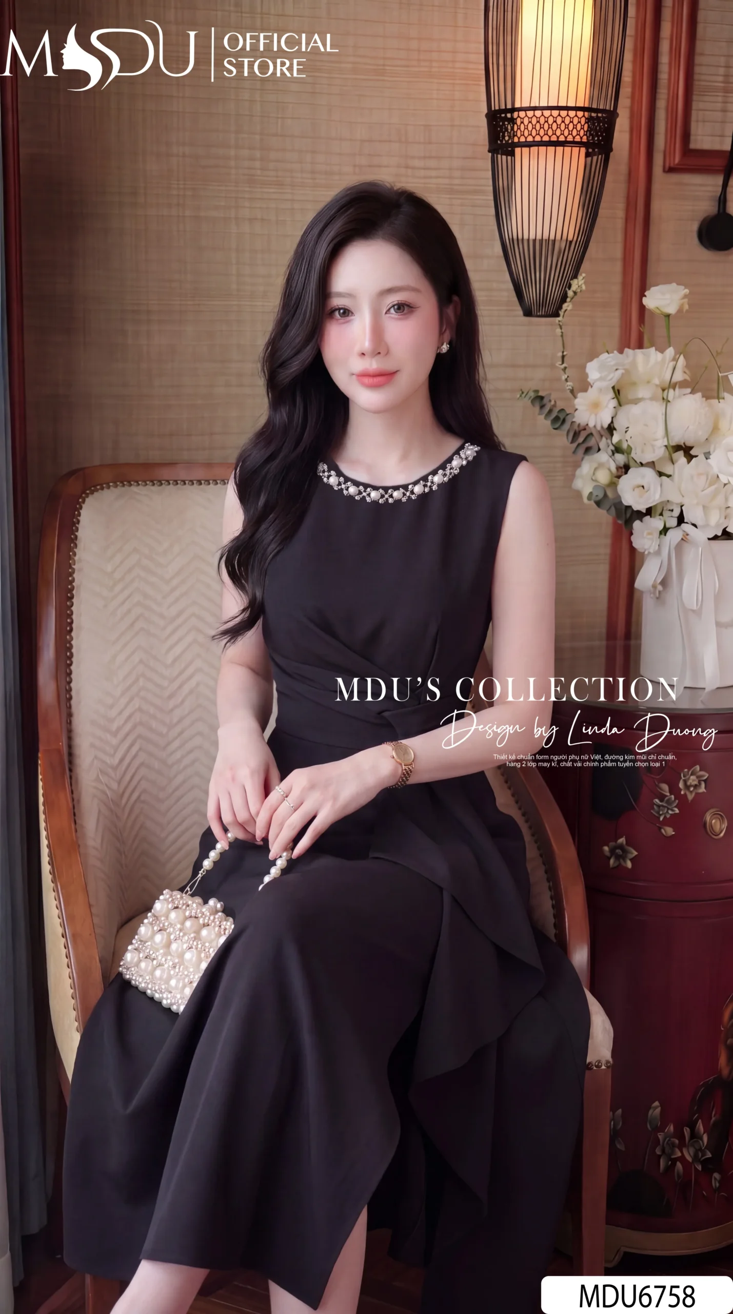 Váy Thiết Kế MDU6758 – Gold Nhật Đen, Cổ Đính Cườm Liền Phối Eo Cách Điệu 4 Váy Thiết Kế MDU6758 – Gold Nhật Đen, Cổ Đính Cườm Liền Phối Eo Cách Điệu - Ảnh 2
