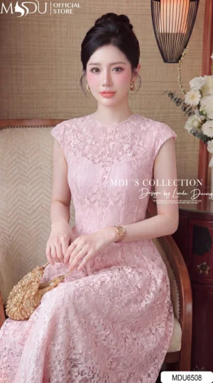 Alternative view of Váy Thiết Kế MDU6508 – Ren Họa Tiết Nổi Hồng Pastel, Tùng Xòe Xếp Ly Bồng Nhẹ