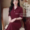 Váy Thiết Kế MDU6543 – Gold Nhật Đỏ Đô, Dáng Ôm Dài Xếp Chéo Tôn Eo 11 4 11zon Mdu Fashion