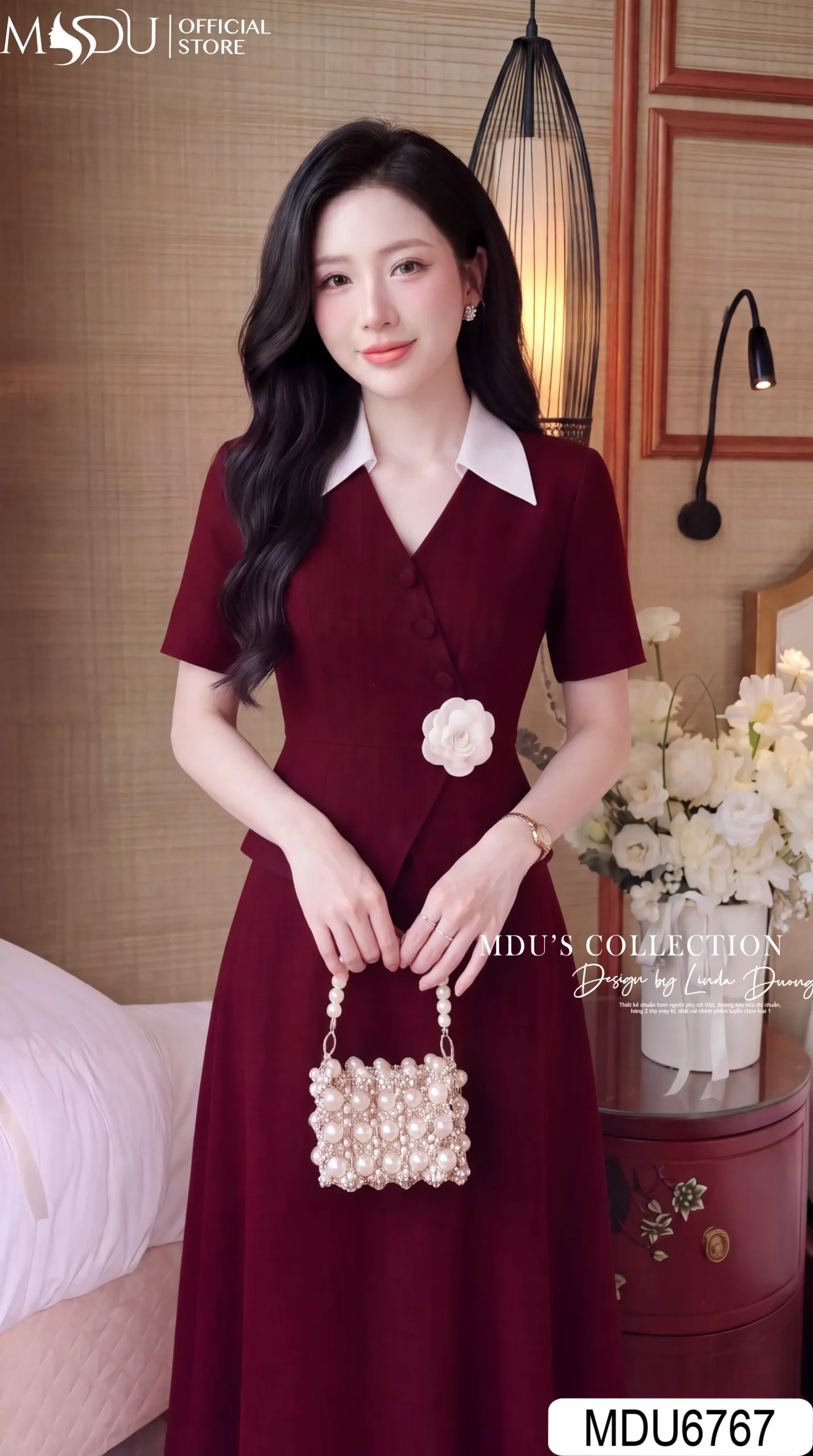 Váy Thiết Kế MDU6767 – Xước Thái Đỏ Rượu Vang, Cổ Sơ Mi Trắng Phối Hoa Cài Eo 4 Váy Thiết Kế MDU6767 – Xước Thái Đỏ Rượu Vang, Cổ Sơ Mi Trắng Phối Hoa Cài Eo - Ảnh 2
