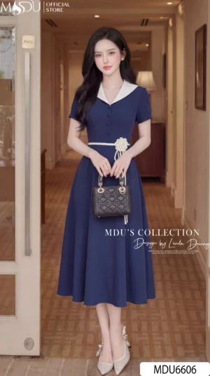 Váy Thiết Kế MDU6606 – Xanh Navy Thanh Lịch, Phối Cổ Trắng Tinh Tế, Nhấn Eo Nữ Tính