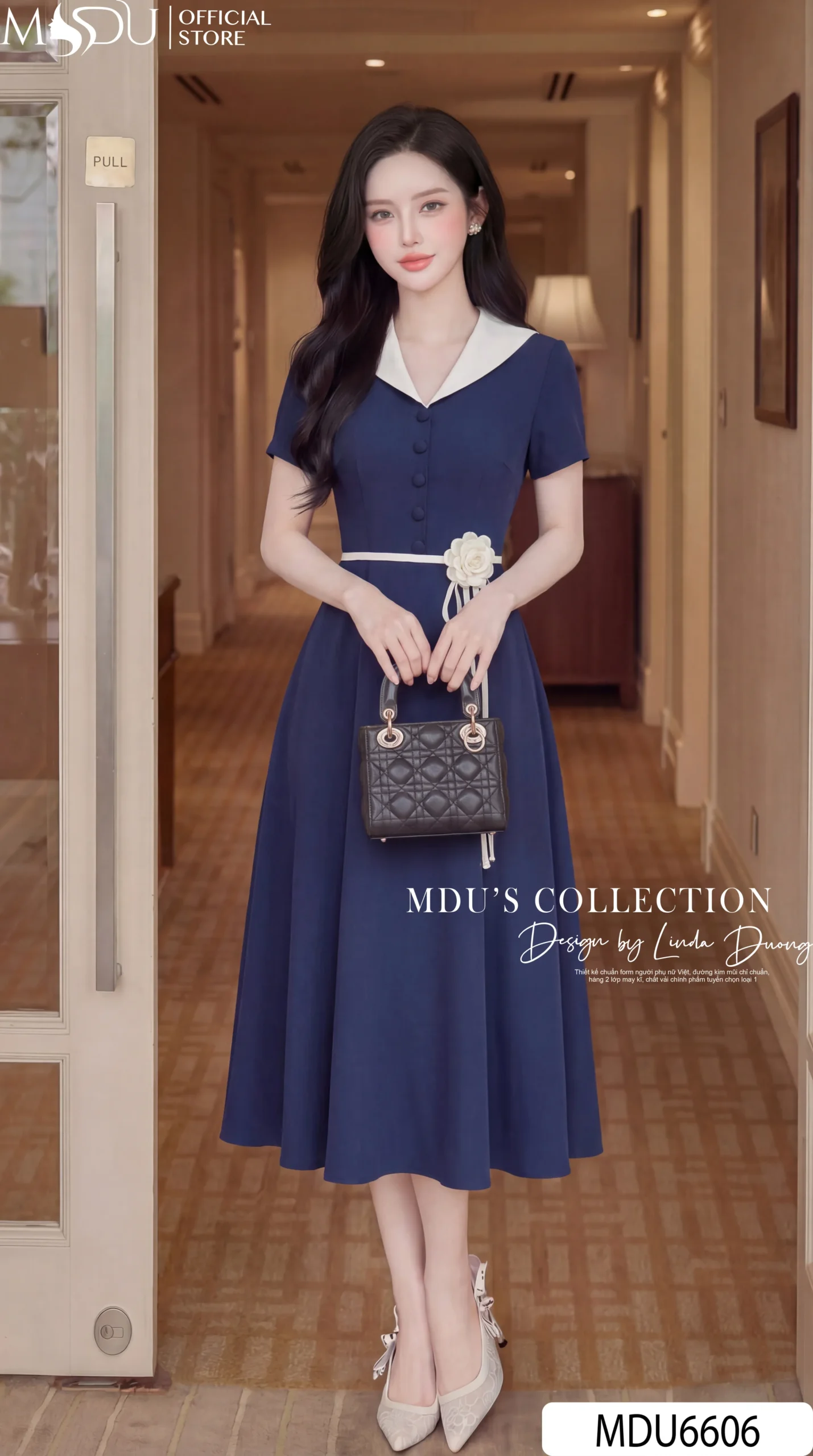 Váy Thiết Kế MDU6606 – Xanh Navy Thanh Lịch, Phối Cổ Trắng Tinh Tế, Nhấn Eo Nữ Tính