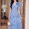 Váy Liền MDU6251 Tơ Hàn Cao Cấp Dáng Xòe Họa Tiết Xanh Phối Hoa Thủ Công Nữ Tính 2 9 2 3 11zon Mdu Fashion