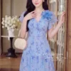 Váy Liền MDU6251 Tơ Hàn Cao Cấp Dáng Xòe Họa Tiết Xanh Phối Hoa Thủ Công Nữ Tính 9 9 3 3 11zon Mdu Fashion