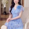 Váy Liền MDU6251 Tơ Hàn Cao Cấp Dáng Xòe Họa Tiết Xanh Phối Hoa Thủ Công Nữ Tính 10 9 4 2 11zon Mdu Fashion