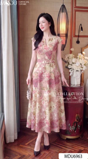 Alternative view of Váy Thiết Kế MDU6963 – Lụa Twist Satin Hồng Pastel Hoa Đa Sắc, Đai Eo Đính Liền