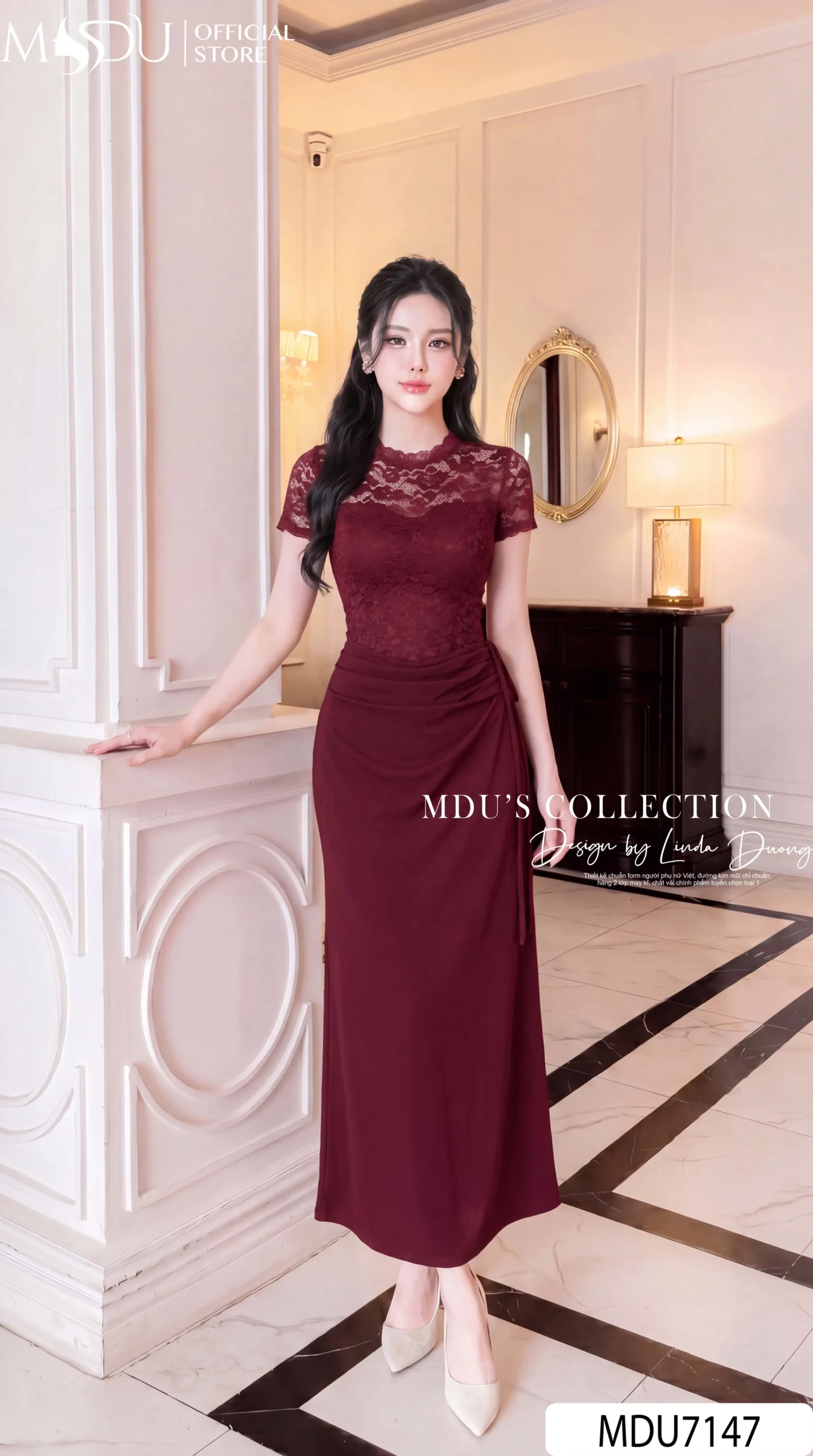 Váy Thiết Kế MDU7147 – Ren Nổi Phối Xleo Hàn Đỏ Sang Trọng, Eo Ly Rúm Tôn Dáng