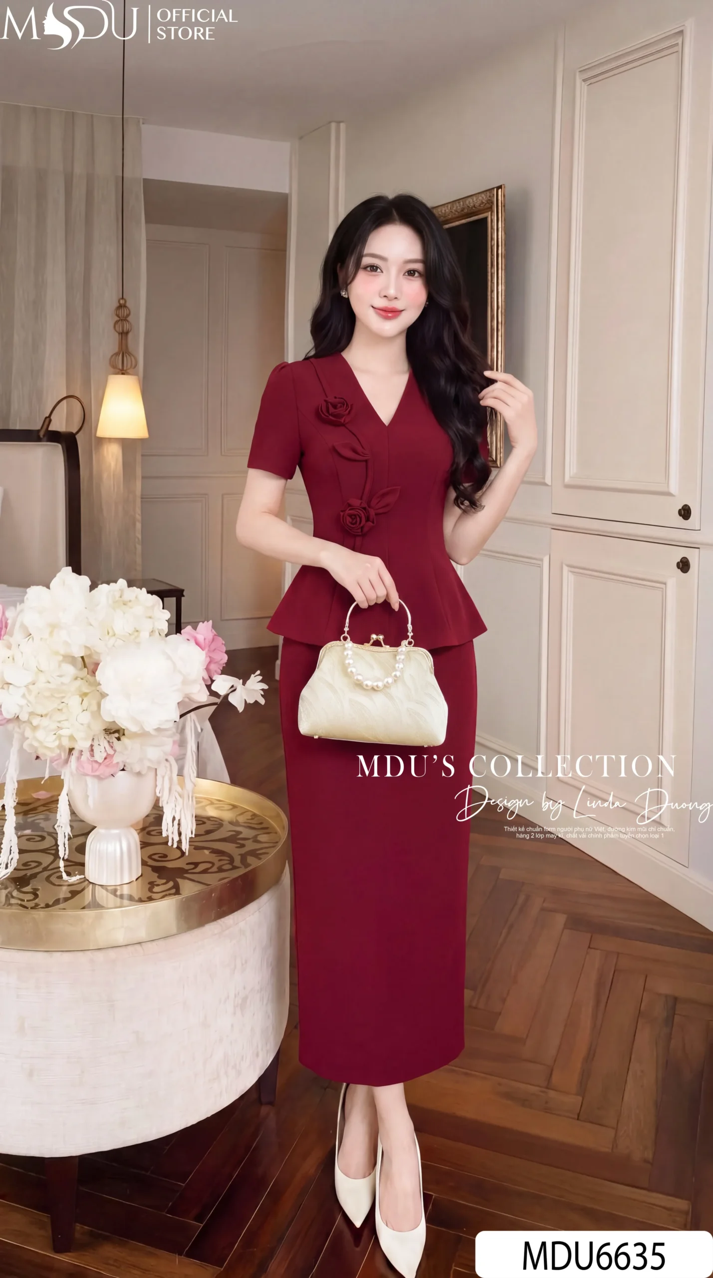 Set Thiết Kế MDU6635 – Gold Nhật Đỏ Đô, Áo Peplum Phối Hoa Cuốn Thủ Công 3 Set Thiết Kế MDU6635 – Gold Nhật Đỏ Đô, Áo Peplum Phối Hoa Cuốn Thủ Công