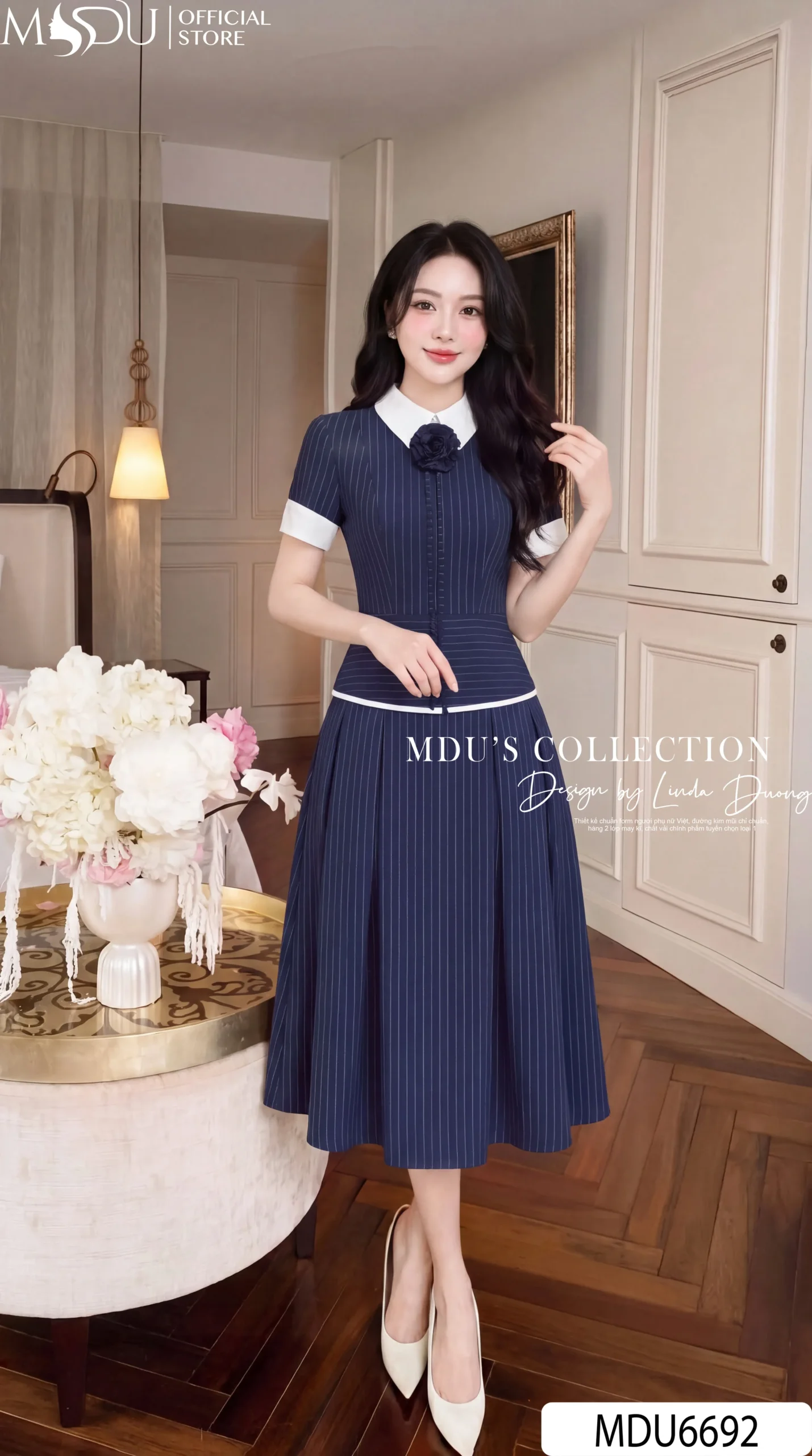 Váy Thiết Kế MDU6692 – Tuytsi Xanh Than, Cổ Sơ Mi Phối Hoa Cuốn Thủ Công