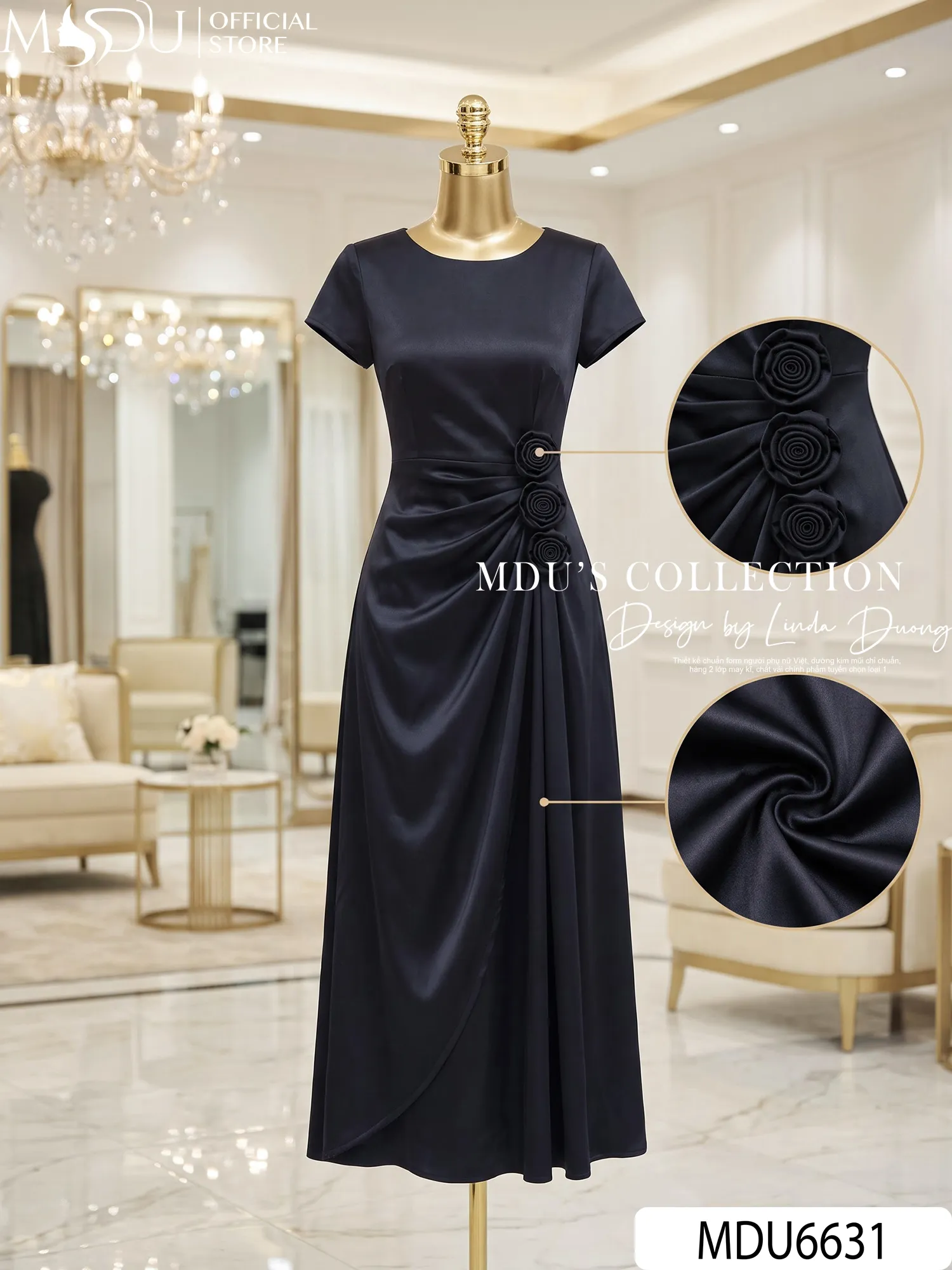 Váy Thiết Kế MDU6631 – Twist Satin Đen, Hoa Thủ Công Phối Tùng Cách Điệu Sang Trọng 9 Váy Thiết Kế MDU6631 – Twist Satin Đen, Hoa Thủ Công Phối Tùng Cách Điệu Sang Trọng - Ảnh 7
