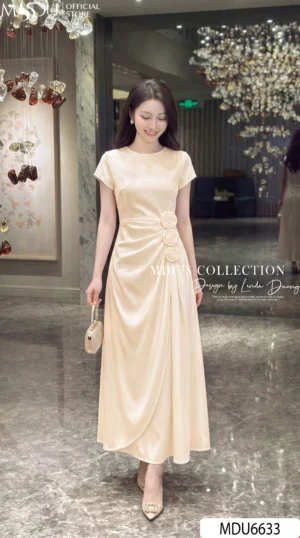 Váy Thiết Kế MDU6633 – Twist Satin Kem, Phối Hoa Thủ Công Đính Eo