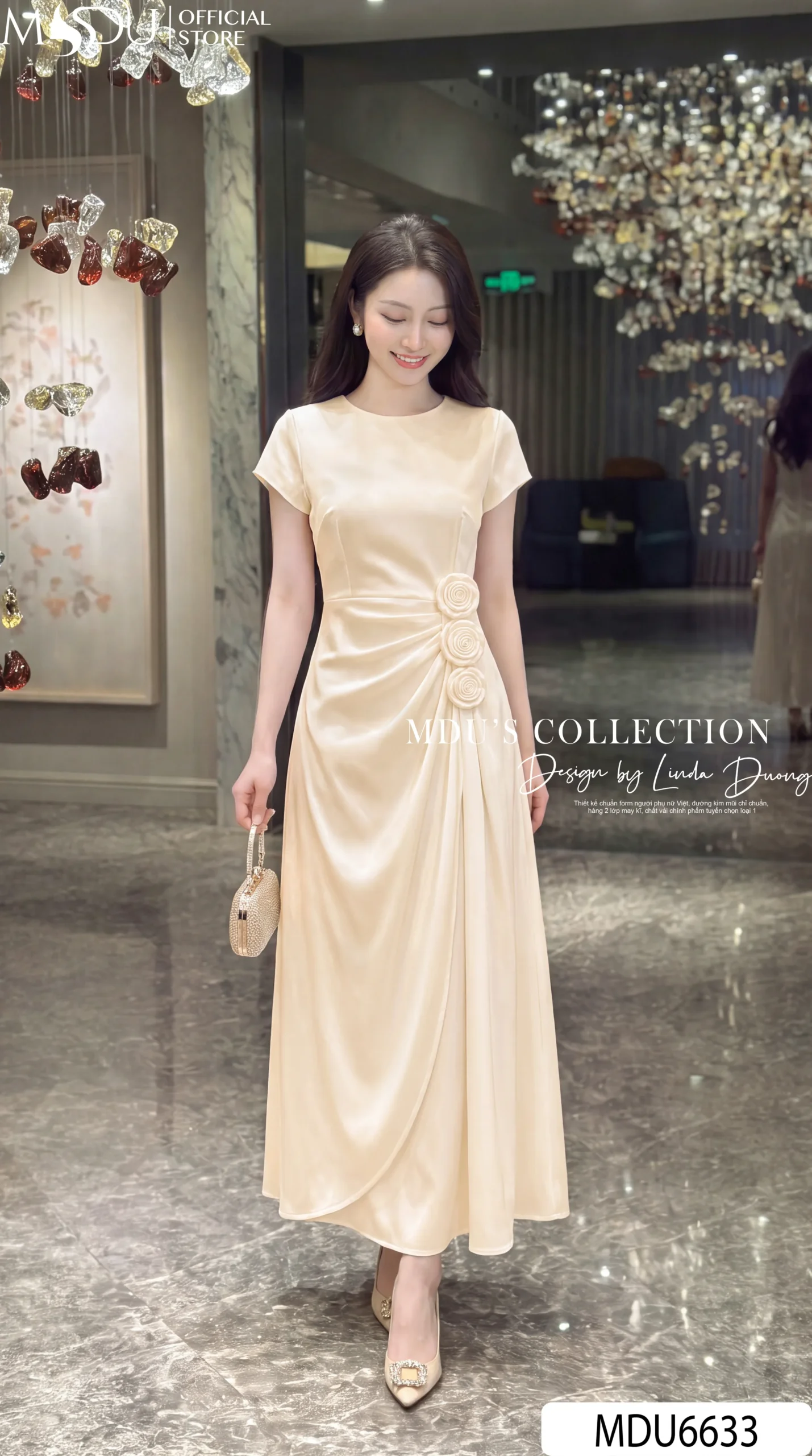Váy Thiết Kế MDU6633 – Twist Satin Kem, Phối Hoa Thủ Công Đính Eo