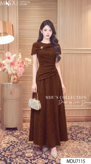 Váy Thiết Kế MDU7115 – Nhũ Kim Cương Nâu Trầm Sang Trọng, Chiết Eo Tôn Dáng