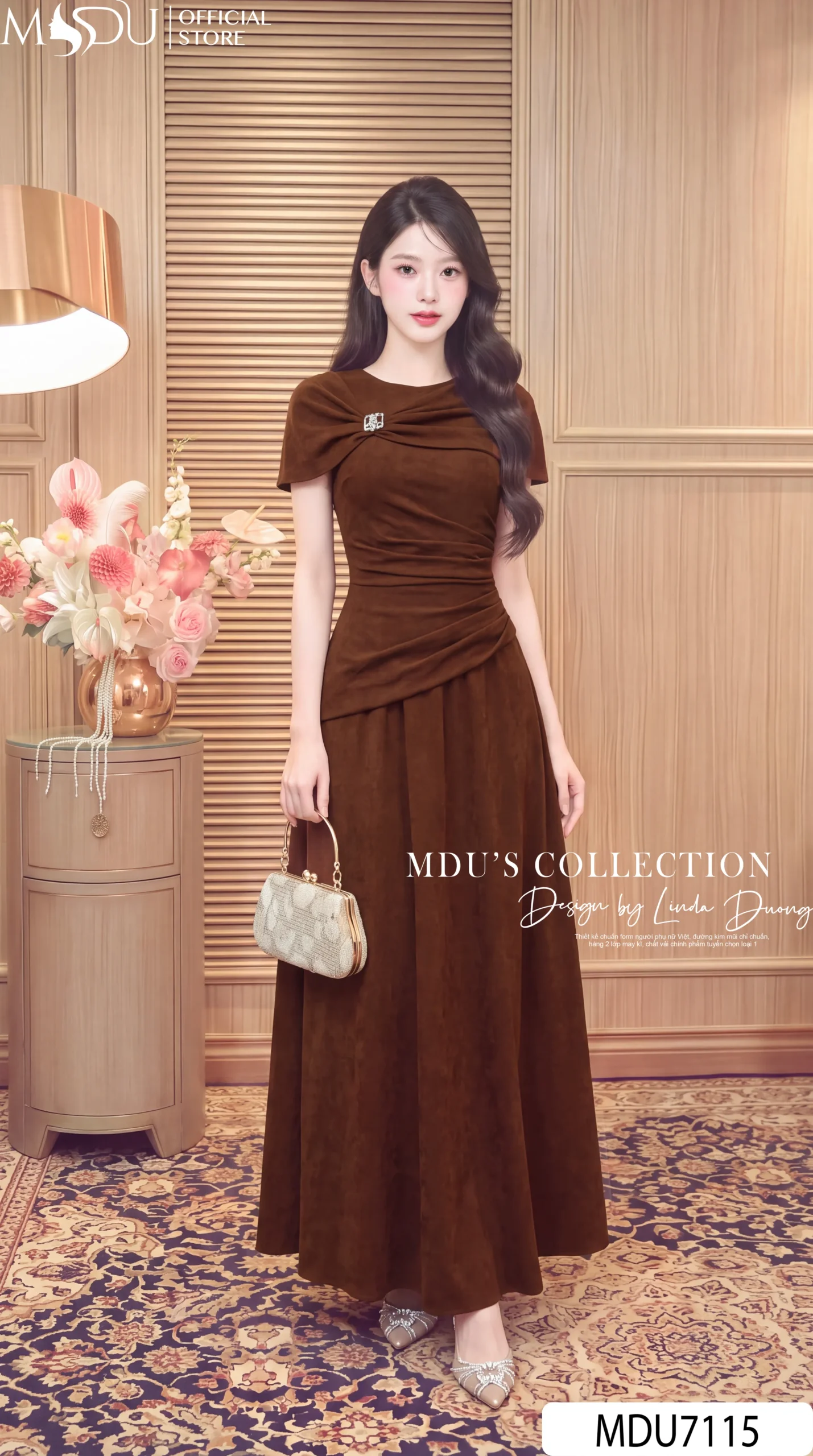 Váy Thiết Kế MDU7115 – Nhũ Kim Cương Nâu Trầm Sang Trọng, Chiết Eo Tôn Dáng