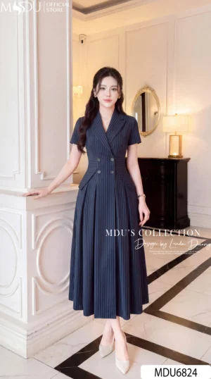Váy Thiết Kế MDU6824 – Tuytsi Cao Cấp, Dáng Xòe Thanh Lịch Với Gam Xanh Navy Sang Trọng