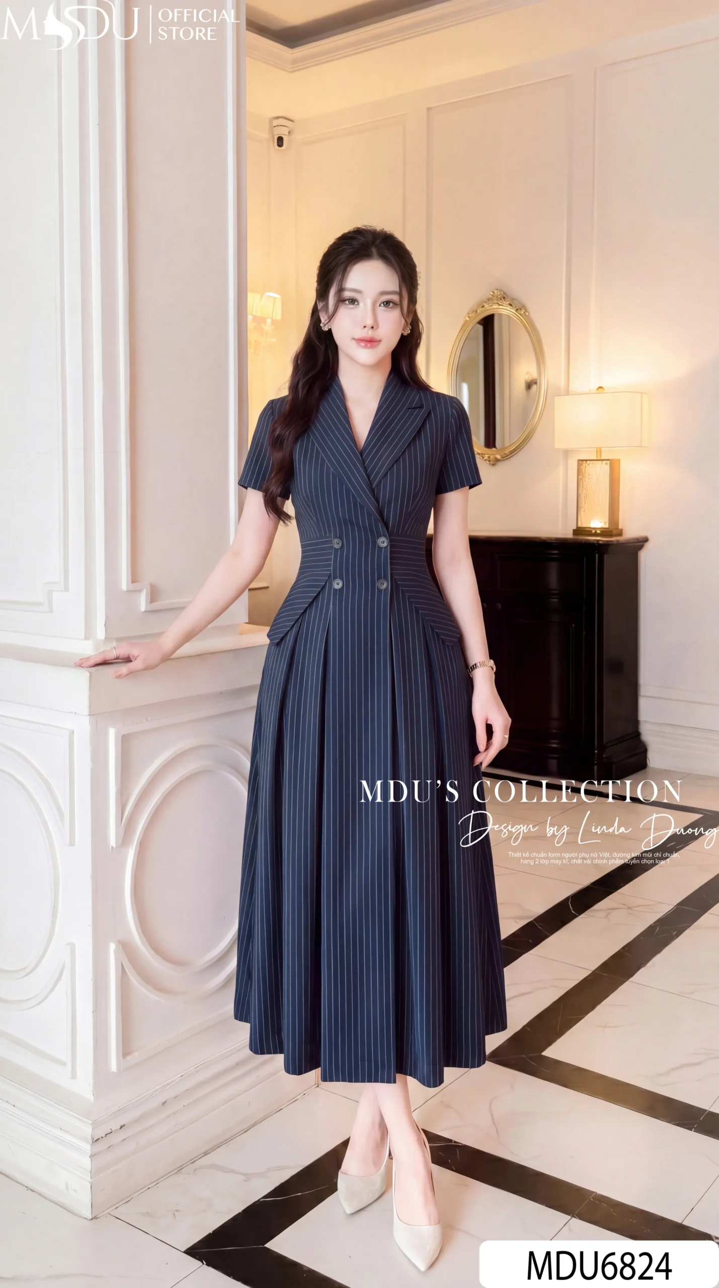 Váy Thiết Kế MDU6824 – Tuytsi Cao Cấp, Dáng Xòe Thanh Lịch Với Gam Xanh Navy Sang Trọng