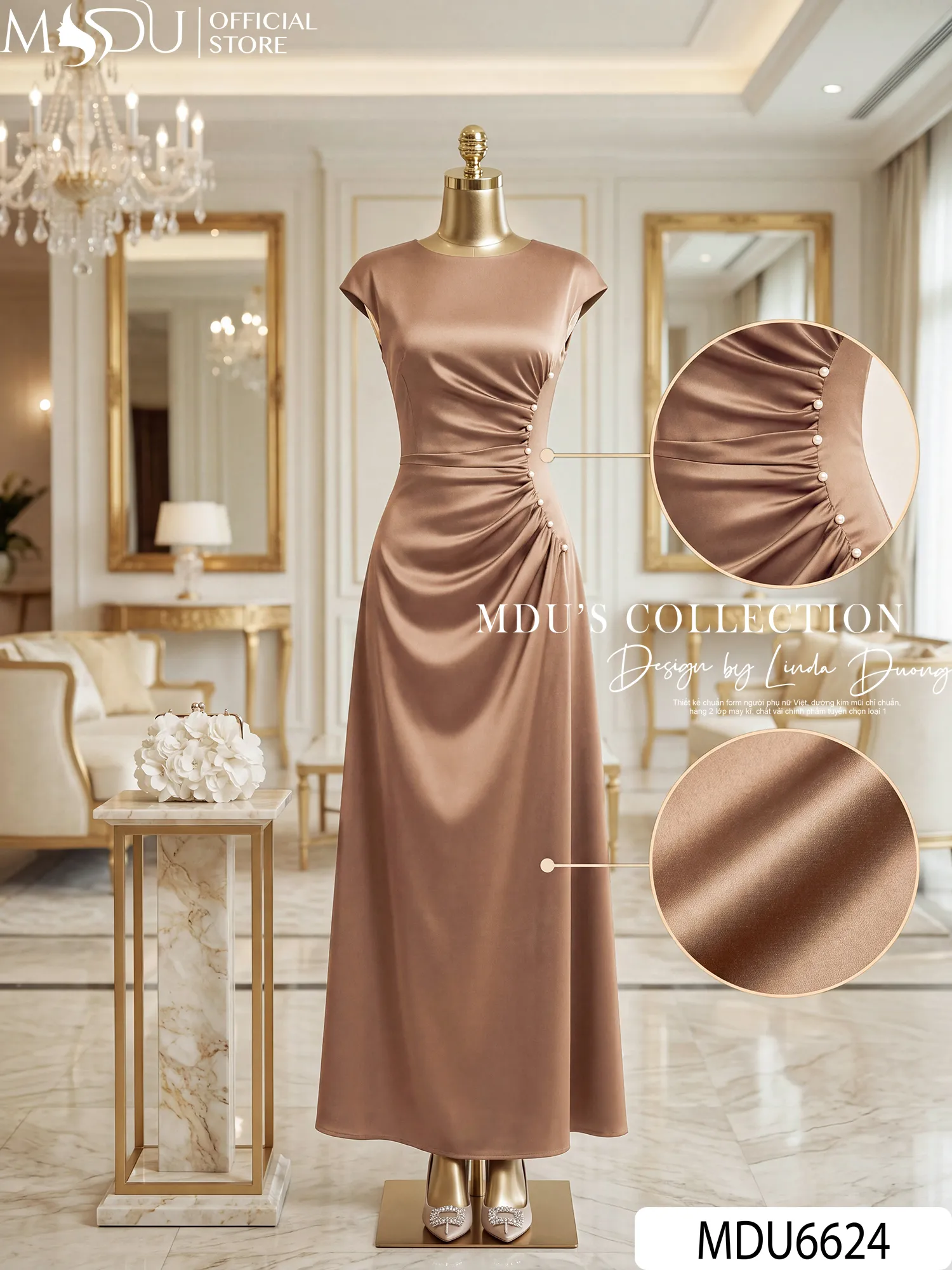 Váy Thiết Kế MDU6624 – Twist Satin Nâu, Nhún Eo Phối Hàng Ngọc Đính Thủ Công 9 Váy Thiết Kế MDU6624 – Twist Satin Nâu, Nhún Eo Phối Hàng Ngọc Đính Thủ Công - Ảnh 7