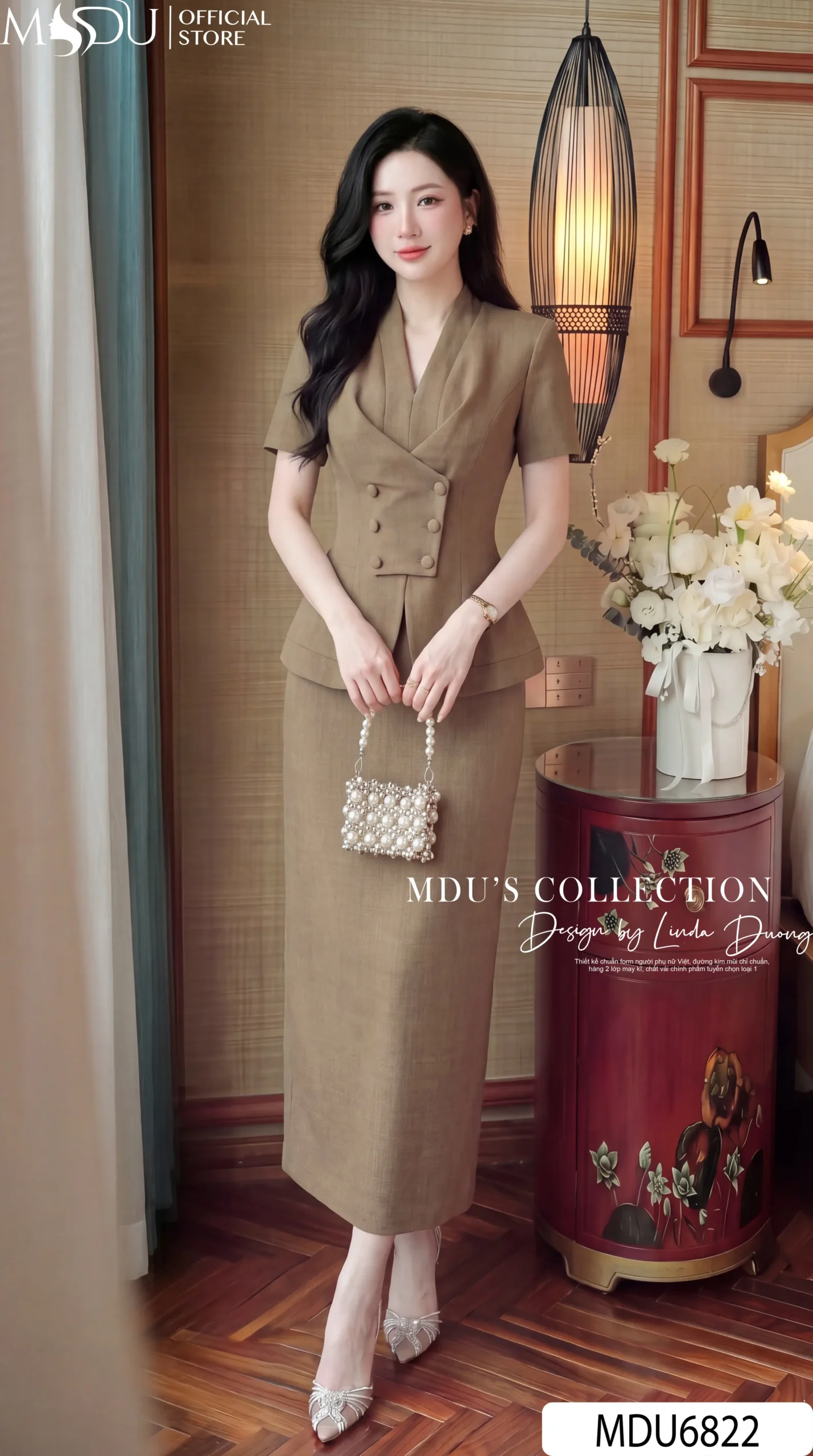 Set Thiết Kế MDU6822 – Xước Thái Nâu Olive, Áo Cúc Cài Phối Chân Váy Xẻ Tà Sau