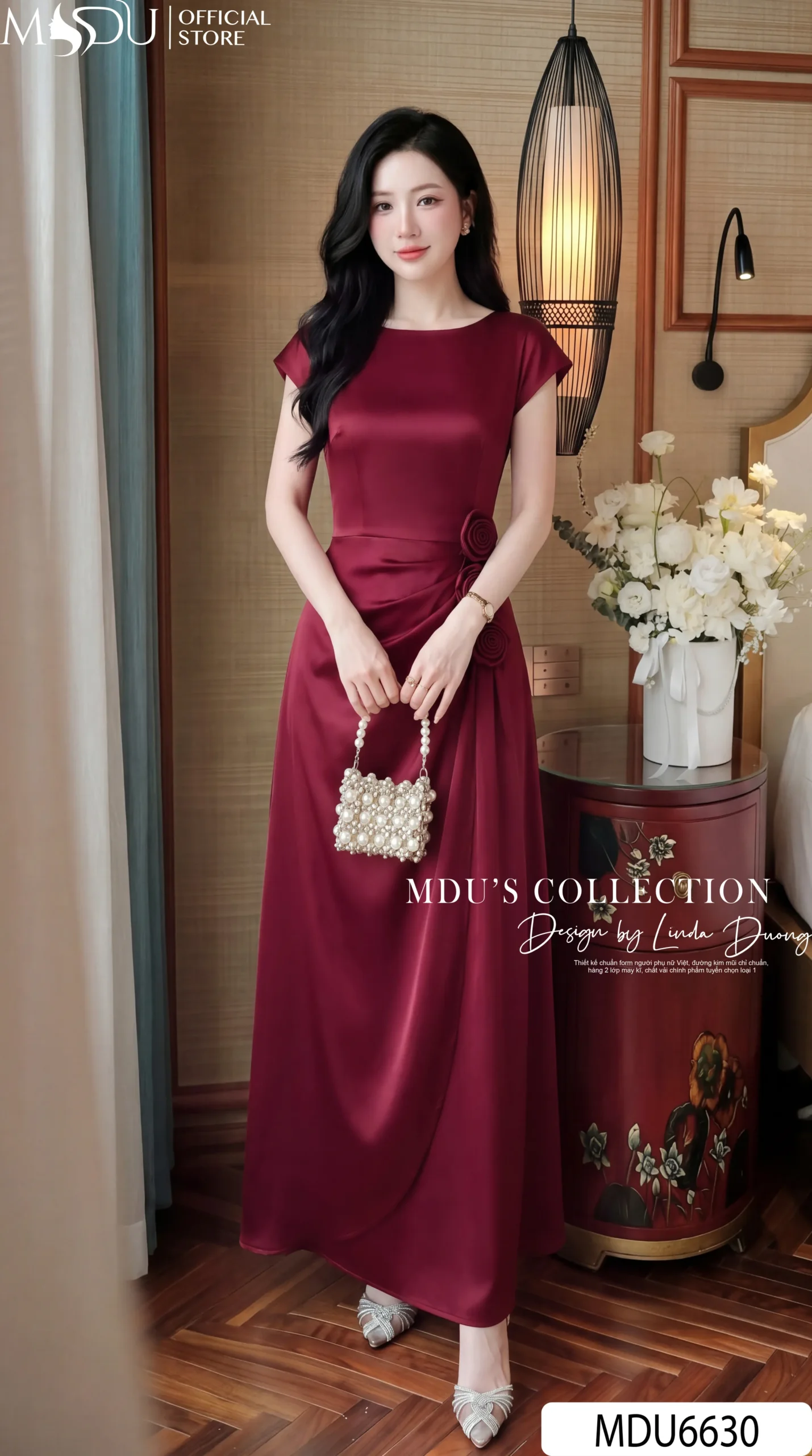 Váy Thiết Kế MDU6630 – Twist Satin Đỏ Tươi, Phối Hoa Thủ Công Đính Eo