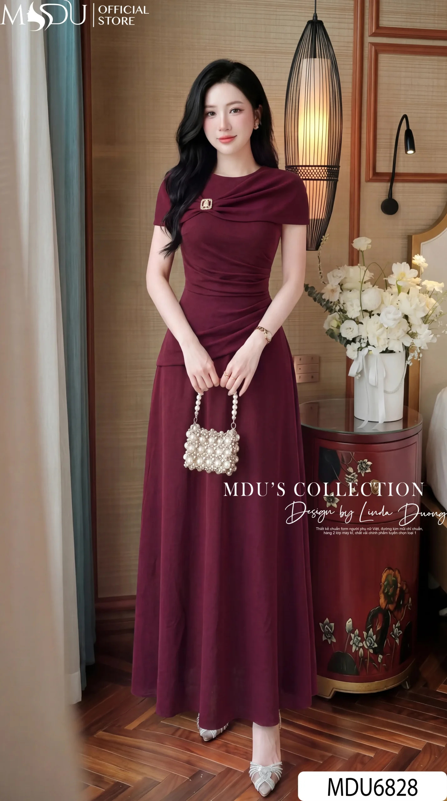 Váy Thiết Kế MDU6828 – Nhũ Kim Cương Đỏ Rượu, Dáng Ôm Chiết Eo Quyến Rũ