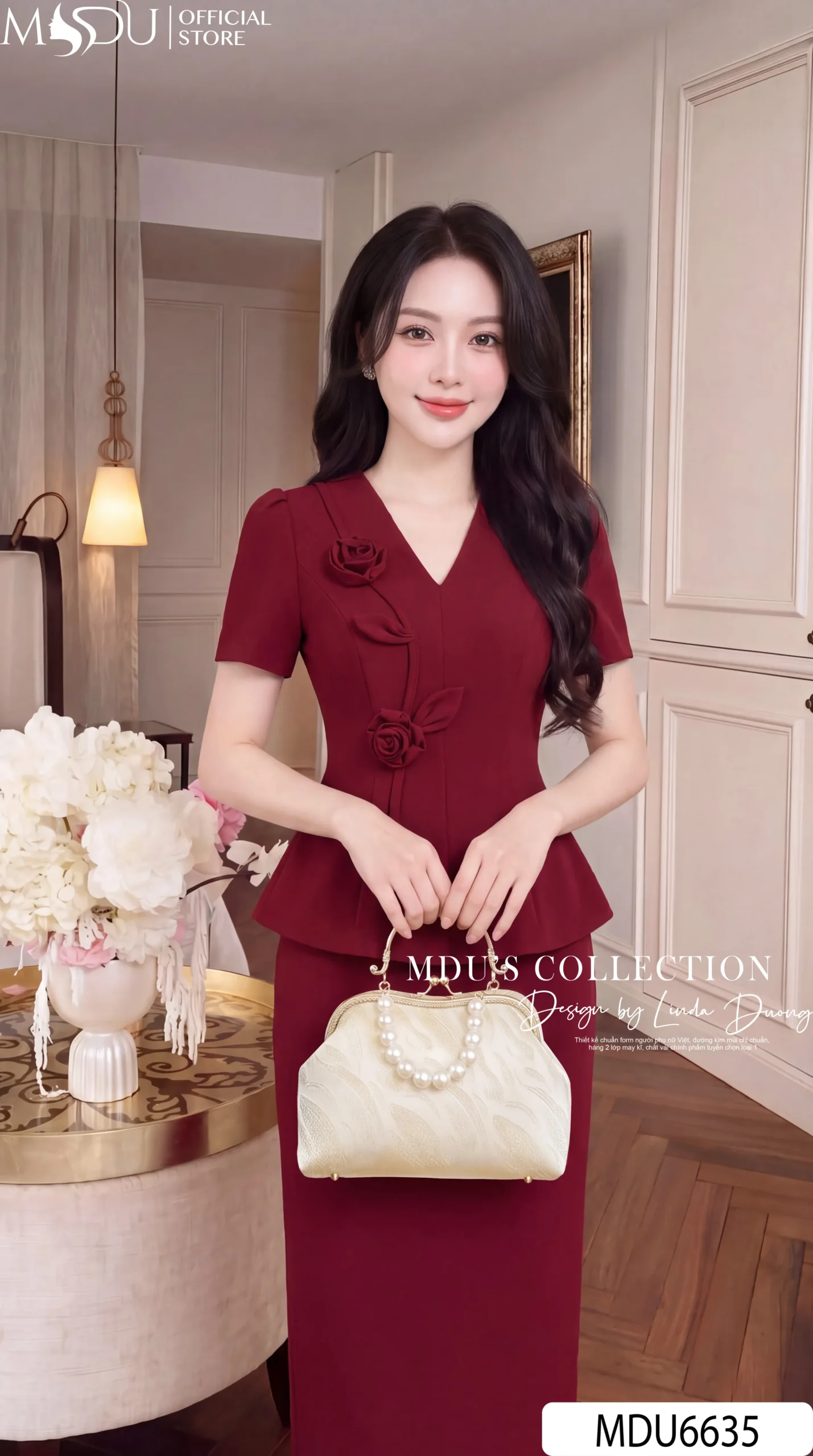 Set Thiết Kế MDU6635 – Gold Nhật Đỏ Đô, Áo Peplum Phối Hoa Cuốn Thủ Công 6 Set Thiết Kế MDU6635 – Gold Nhật Đỏ Đô, Áo Peplum Phối Hoa Cuốn Thủ Công - Ảnh 4
