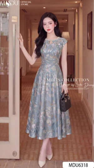 Váy Thiết Kế MDU6318 Mango Ý Cao Cấp Dáng Xòe Sang Trọng Phối Cổ Dây Ngọc Quý Phái