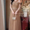 Váy Thiết Kế MDU6361 Voan Tơ Nâu Dáng Xòe Sang Trọng Phối Cổ Chéo Trễ Vai Đính Dây Đá 2 Keep the models 202604281450 Mdu Fashion