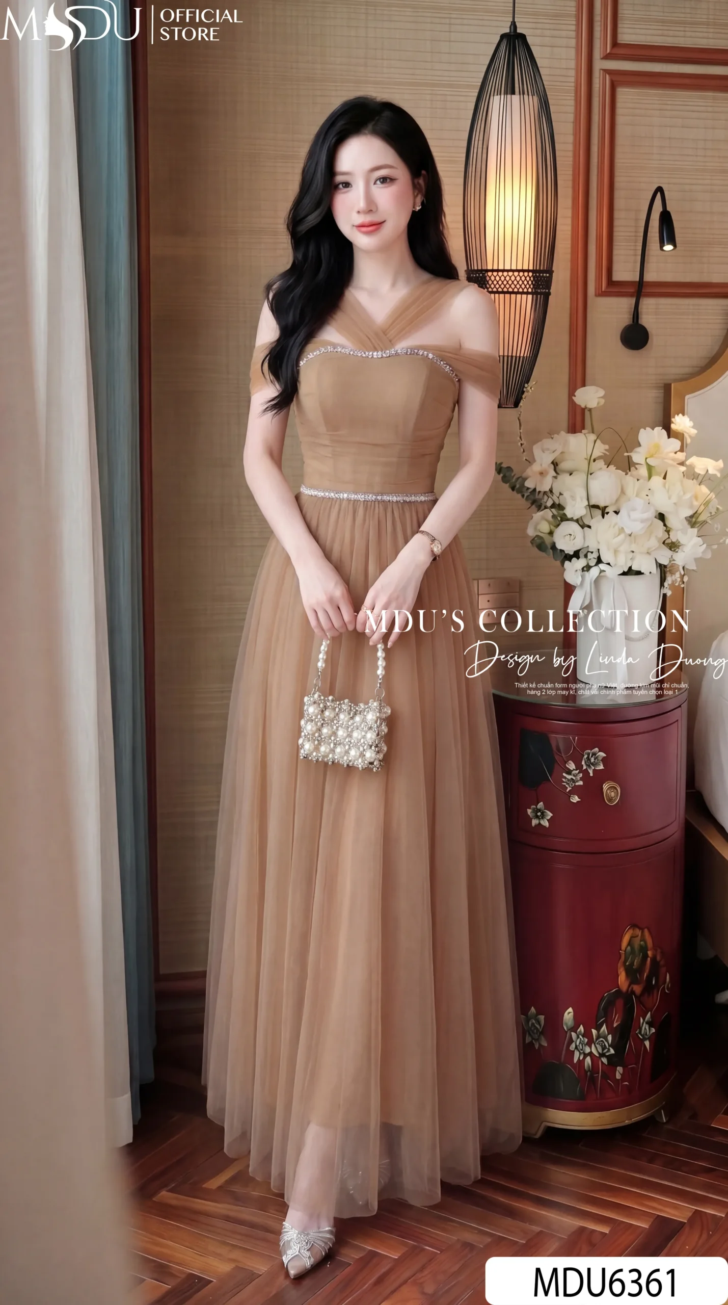 Váy Thiết Kế MDU6361 Voan Tơ Nâu Dáng Xòe Sang Trọng Phối Cổ Chéo Trễ Vai Đính Dây Đá 25 Váy Thiết Kế MDU6361 Voan Tơ Nâu Dáng Xòe Sang Trọng Phối Cổ Chéo Trễ Vai Đính Dây Đá