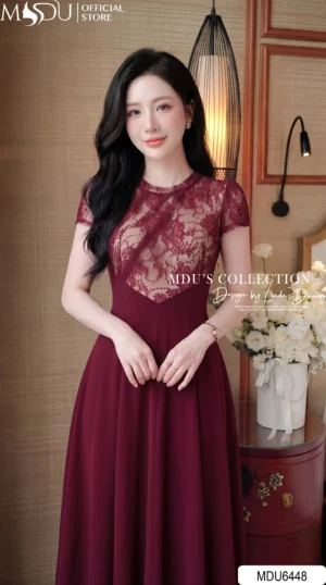 Alternative view of Váy Thiết Kế MDU6448 Đỏ Sang Trọng Phối Ren Hoa Nổi Dáng Xòe Nữ Tính