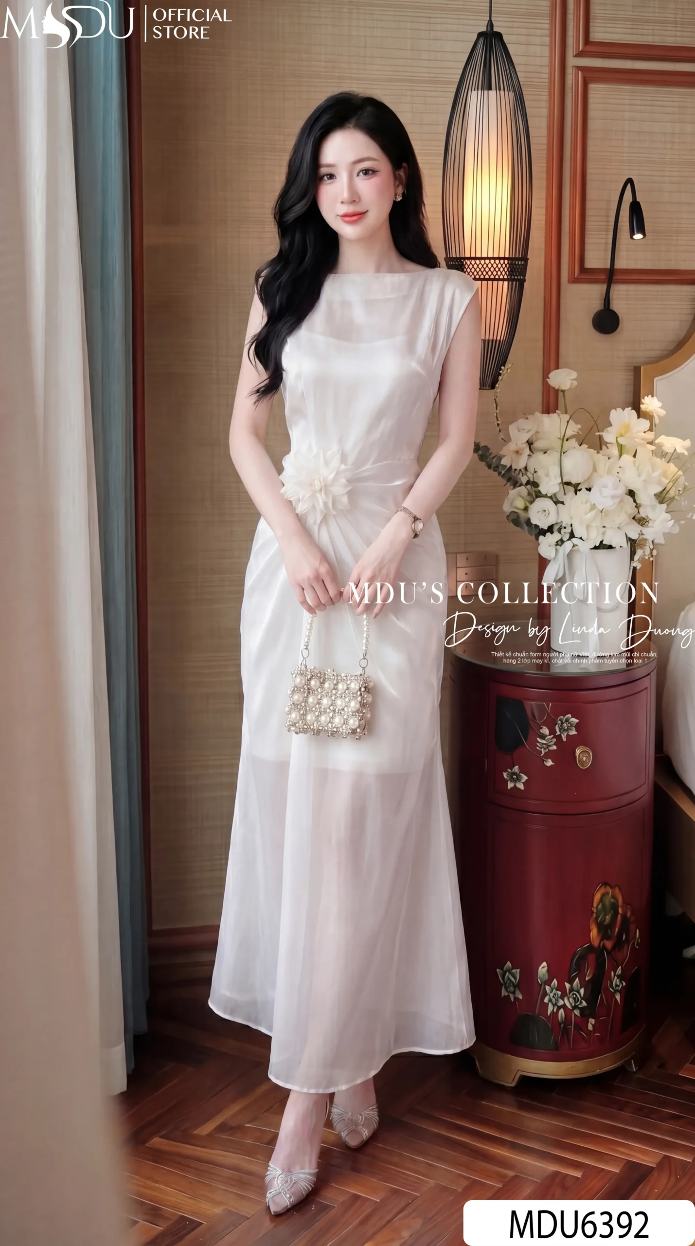 Váy Thiết Kế MDU6392 – Tơ Óng Hàn Trắng Thanh Lịch, Điểm Hoa Cài Liền Tinh Tế