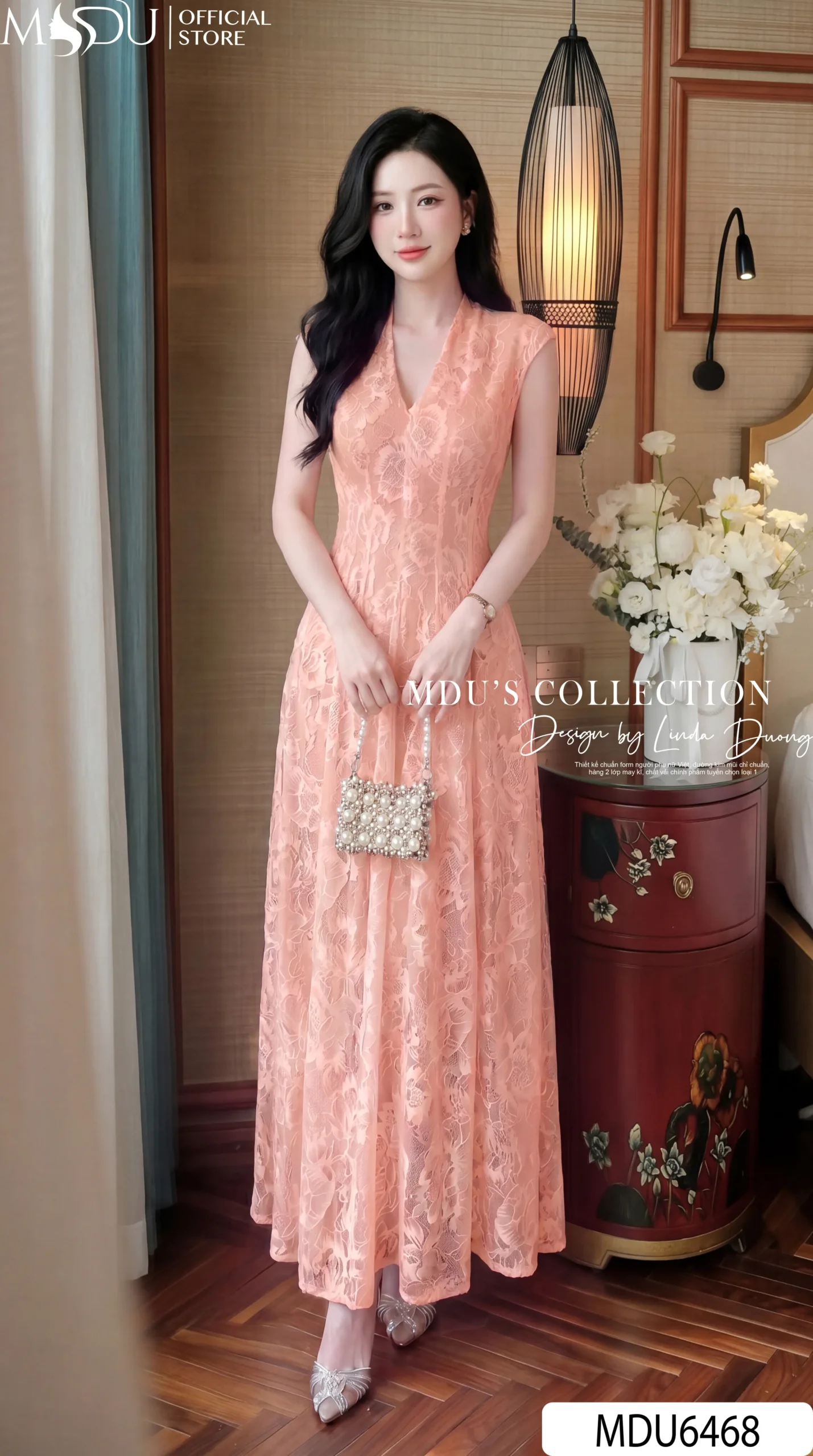 Váy Thiết Kế MDU6468 Ren Hoa Nổi Màu Cam Đào Dáng Xòe Thanh Lịch, Nữ Tính