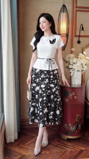 Alternative view of Váy Thiết Kế MDU6825 Mango Ý Cao Cấp Gam Trắng Kem Phối Hoa Đen Thanh Lịch