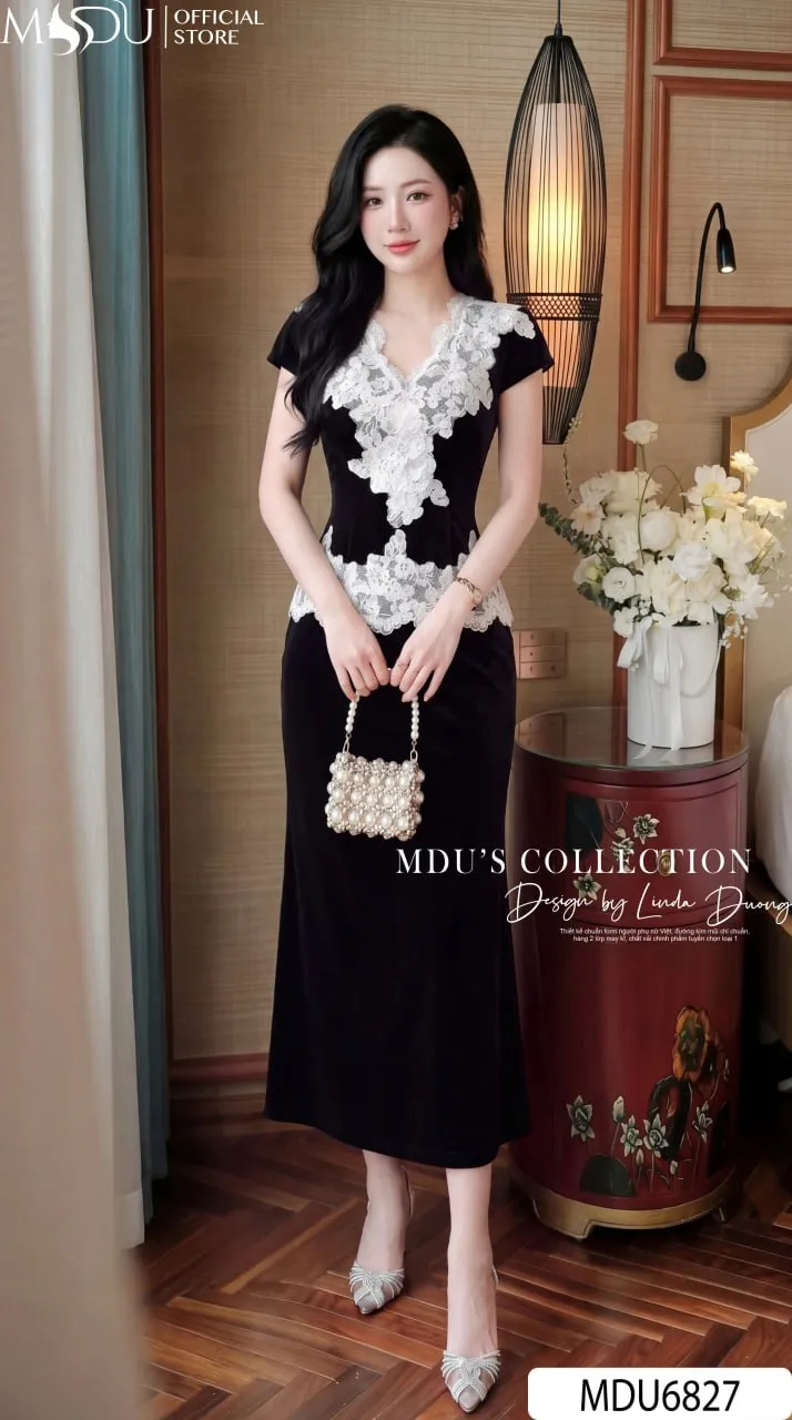 Set Thiết Kế MDU6827 Nhung Luxury Đen Phối Ren Cắt Tỉa Sang Trọng Quyến Rũ