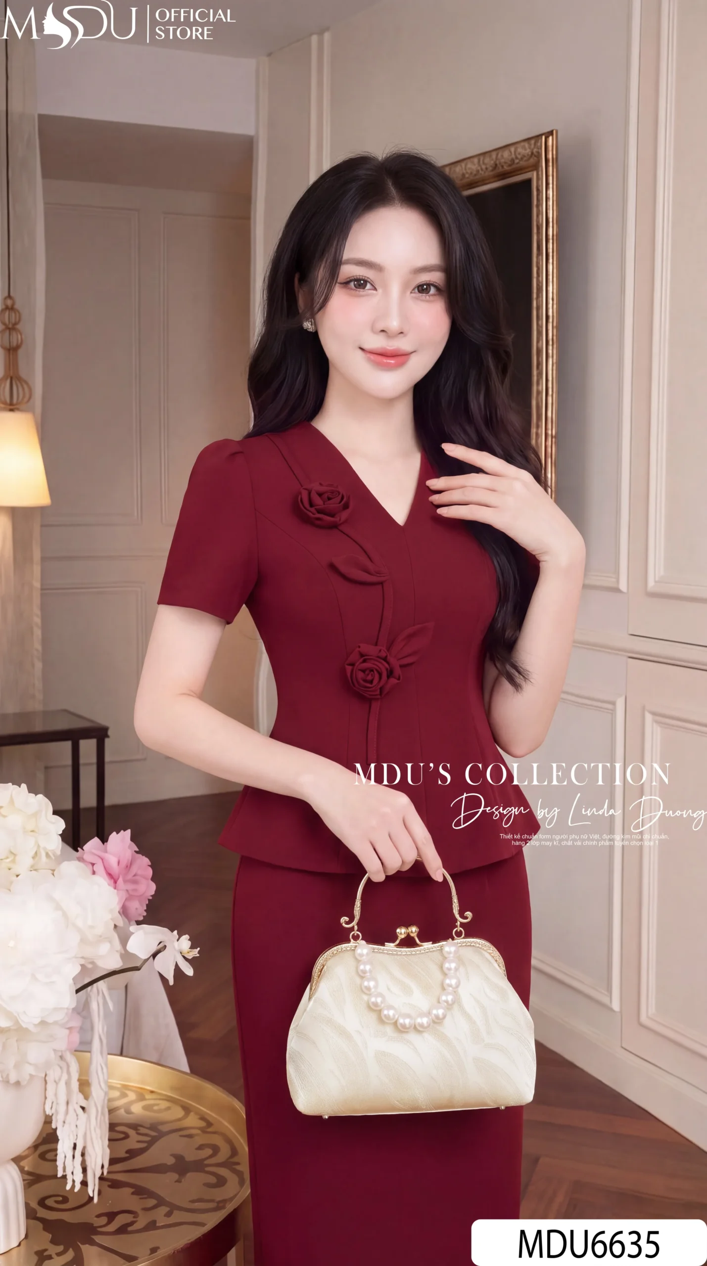 Set Thiết Kế MDU6635 – Gold Nhật Đỏ Đô, Áo Peplum Phối Hoa Cuốn Thủ Công 23 Set Thiết Kế MDU6635 – Gold Nhật Đỏ Đô, Áo Peplum Phối Hoa Cuốn Thủ Công
