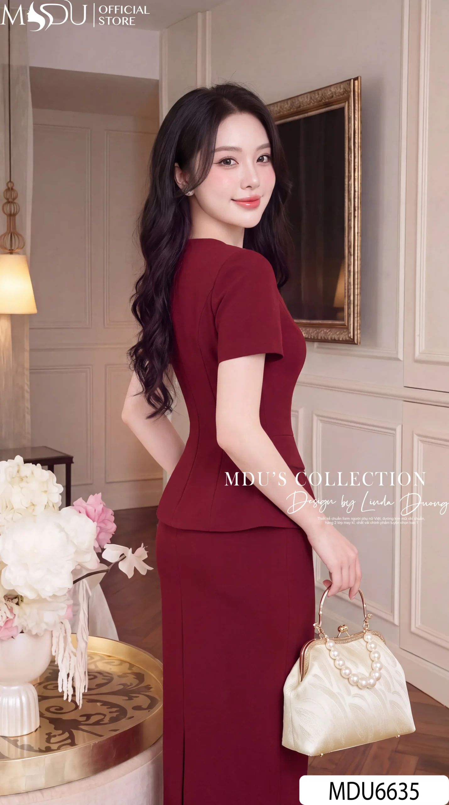 Set Thiết Kế MDU6635 – Gold Nhật Đỏ Đô, Áo Peplum Phối Hoa Cuốn Thủ Công 7 Set Thiết Kế MDU6635 – Gold Nhật Đỏ Đô, Áo Peplum Phối Hoa Cuốn Thủ Công - Ảnh 5