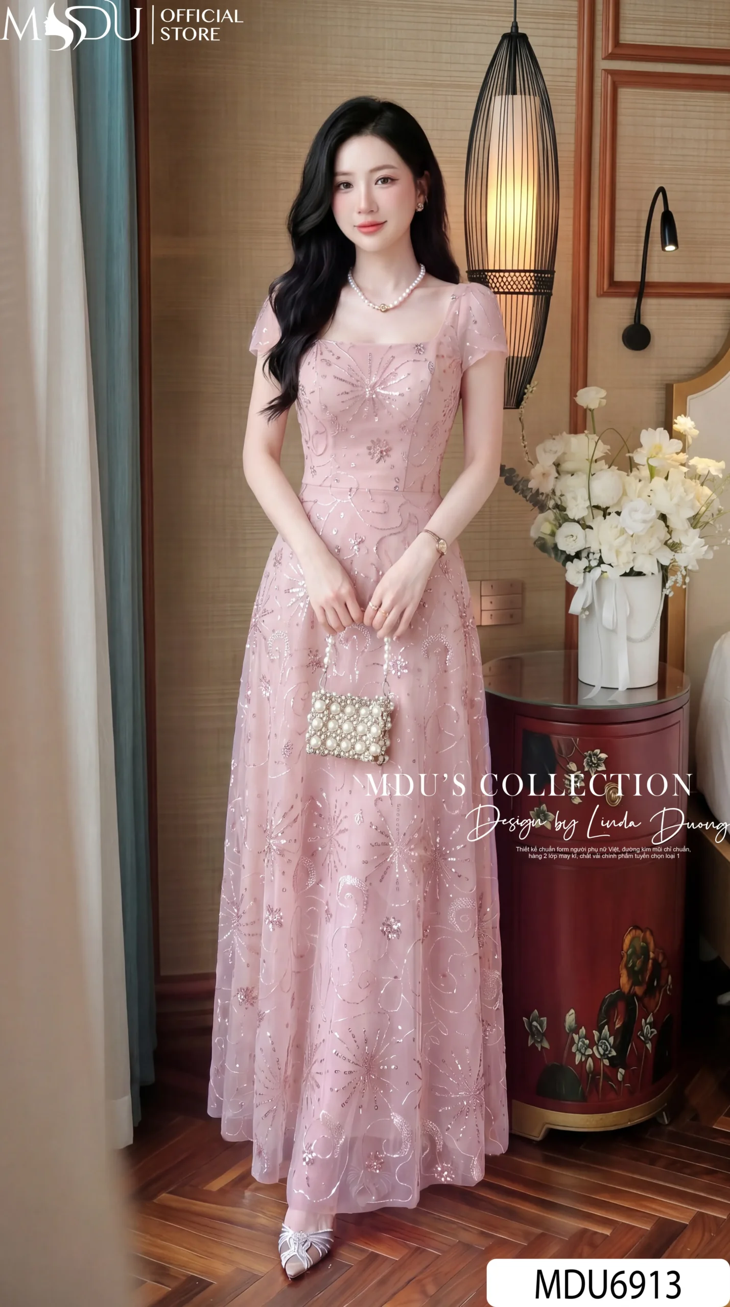 Váy Thiết Kế MDU6913 – Tuyn Thêu Họa Tiết Hồng Phấn, Dáng Xòe Công Chúa