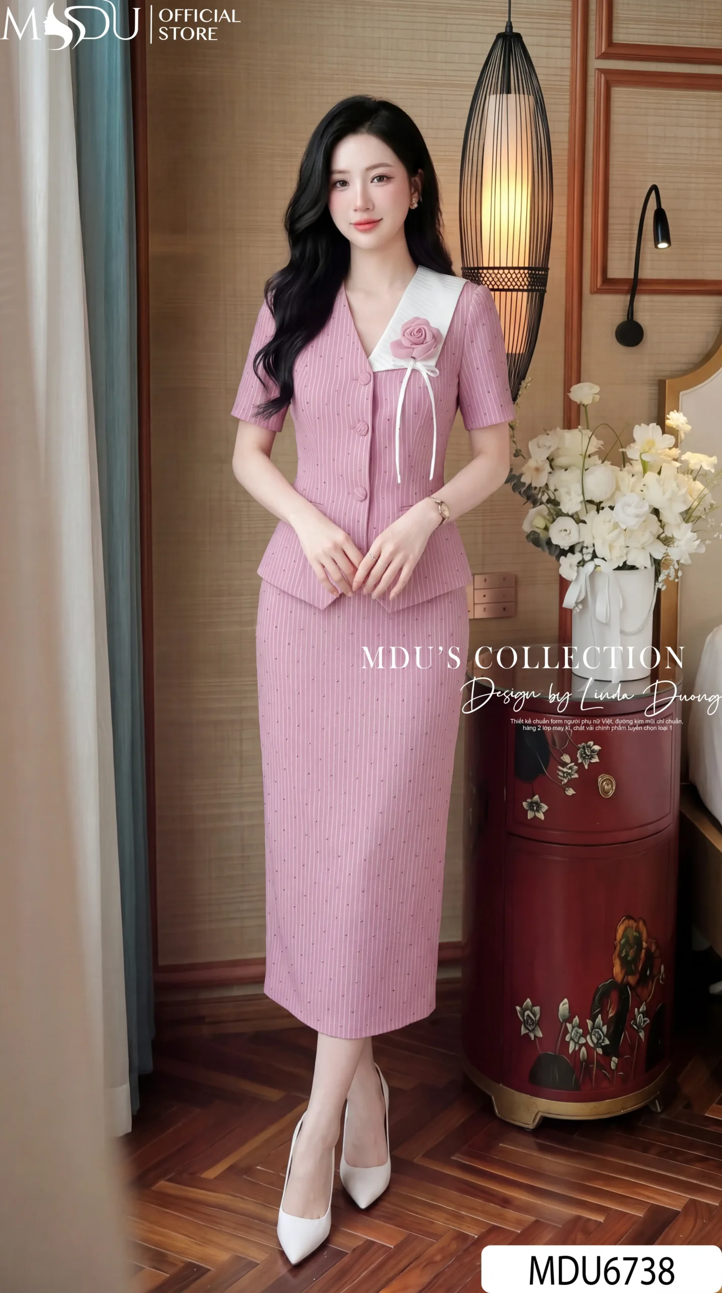 Set Thiết Kế MDU6738 – Tuytsi Hồng Sang Trọng, Cổ Cách Điệu Phối Hoa Đính Liền