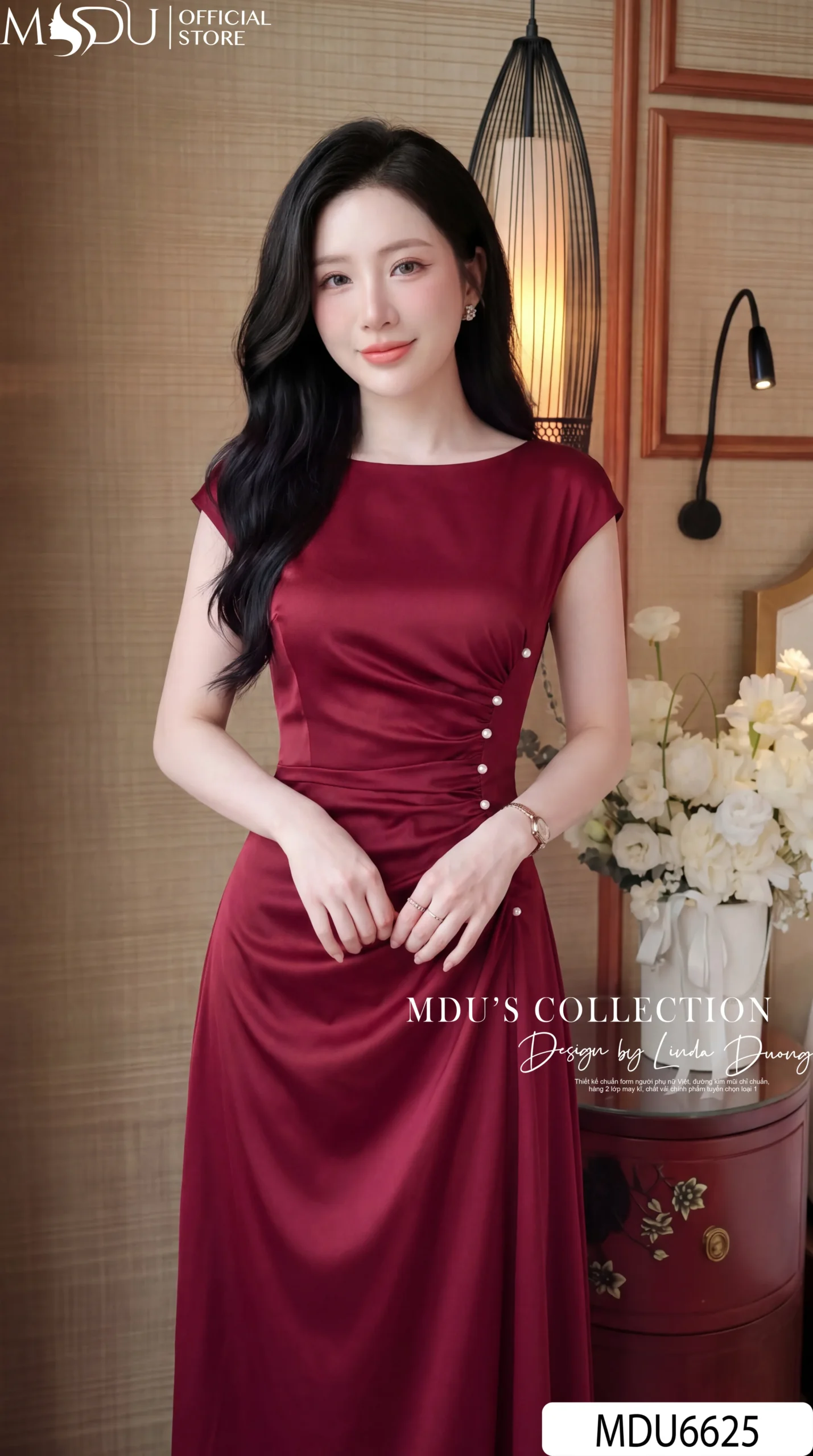 Váy Thiết Kế MDU6625 – Twist Satin Đỏ Đô, Nhún Eo Phối Hàng Ngọc Đính 6 Váy Thiết Kế MDU6625 – Twist Satin Đỏ Đô, Nhún Eo Phối Hàng Ngọc Đính - Ảnh 4