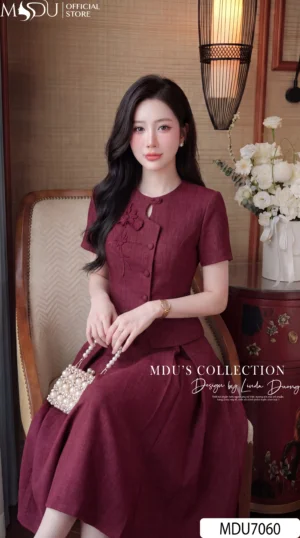 Alternative view of Set Thiết Kế MDU7060 – Xước Thái Đỏ, Áo Hoa Đính Liền Phối Váy Xòe