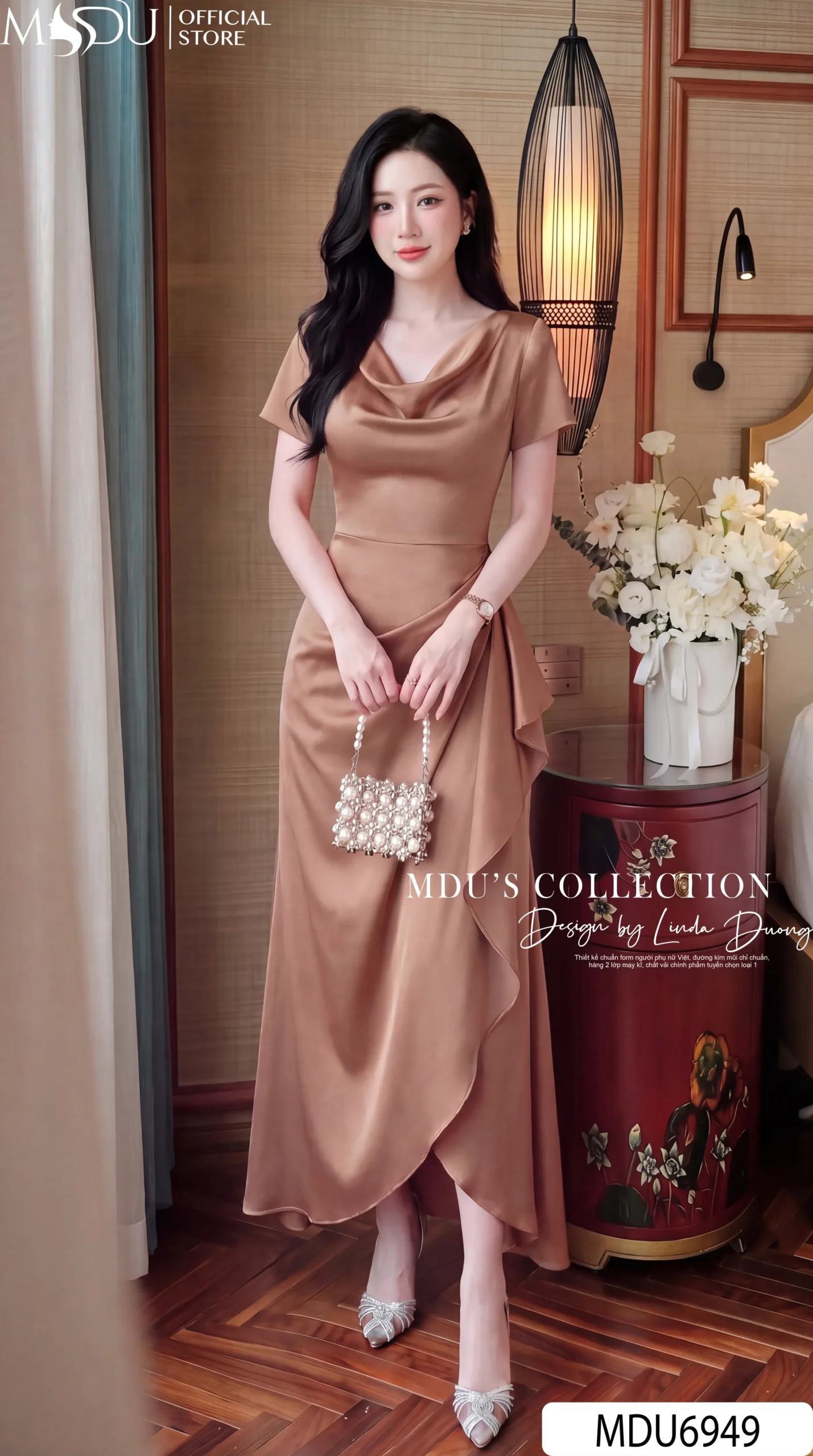 Váy Thiết Kế MDU6949 – Lụa Twist Satin Nâu Thanh Lịch, Cổ Trùng Ly Phối Xẻ Tà Sang Trọng