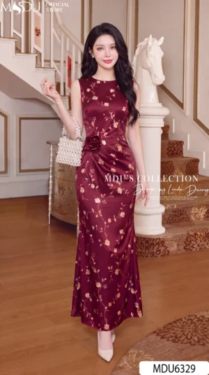 Váy Thiết Kế MDU6329 Lụa Satin Đỏ Sang Trọng Dáng Đuôi Cá Nhấn Hoa Thủ Công