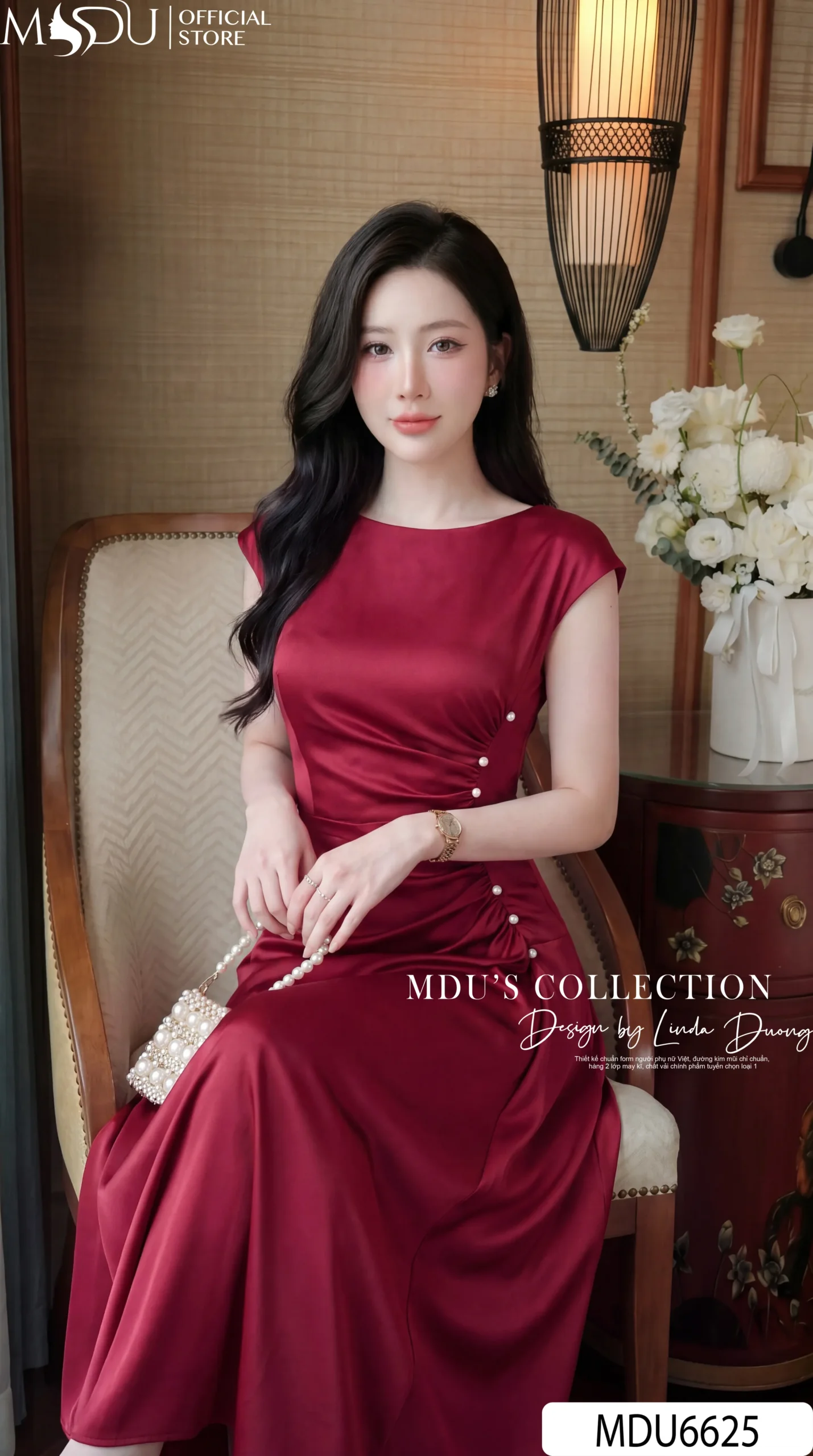 Váy Thiết Kế MDU6625 – Twist Satin Đỏ Đô, Nhún Eo Phối Hàng Ngọc Đính 5 Váy Thiết Kế MDU6625 – Twist Satin Đỏ Đô, Nhún Eo Phối Hàng Ngọc Đính - Ảnh 3