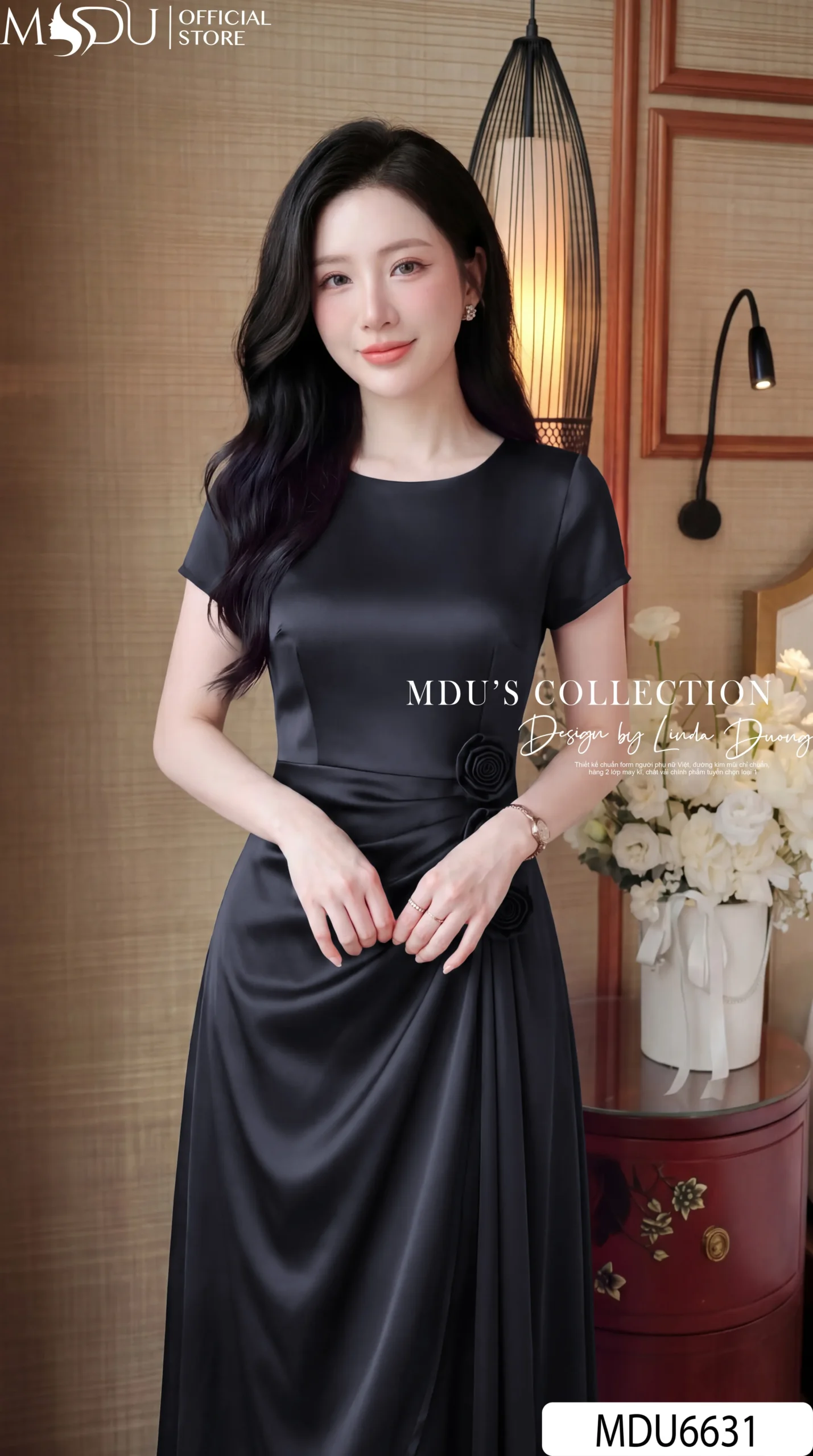 Váy Thiết Kế MDU6631 – Twist Satin Đen, Hoa Thủ Công Phối Tùng Cách Điệu Sang Trọng 6 Váy Thiết Kế MDU6631 – Twist Satin Đen, Hoa Thủ Công Phối Tùng Cách Điệu Sang Trọng - Ảnh 4
