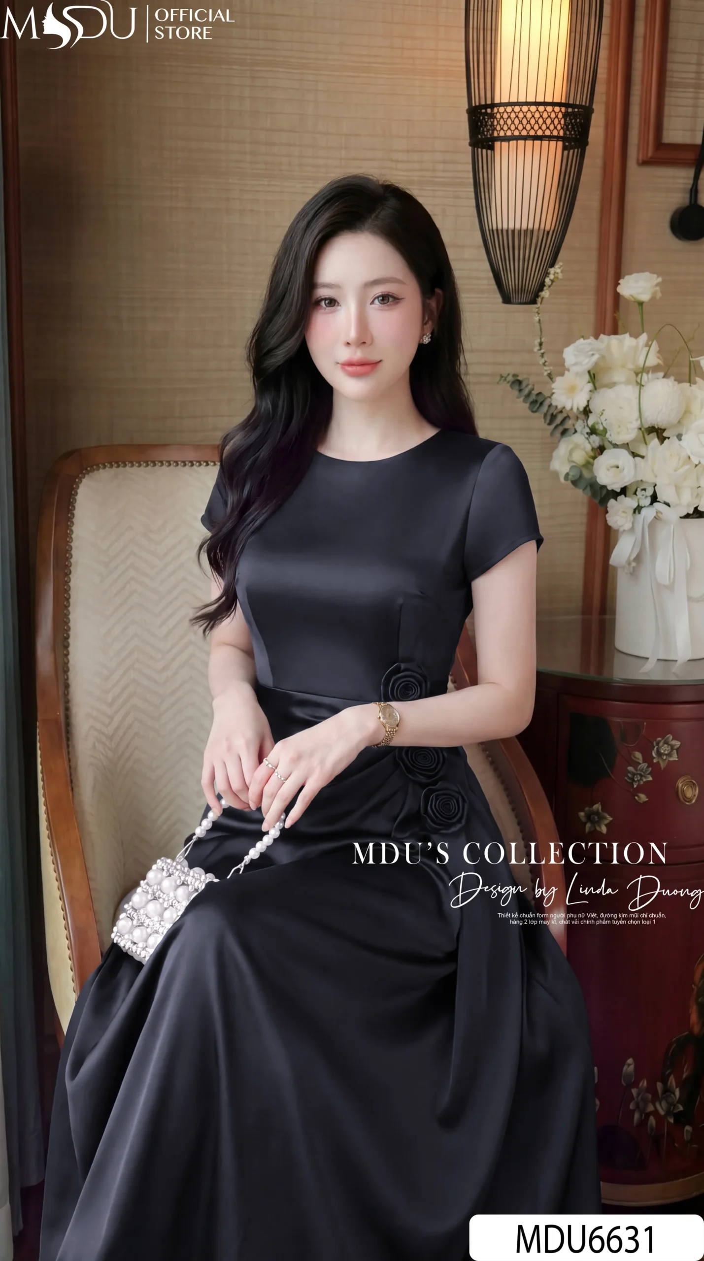 Váy Thiết Kế MDU6631 – Twist Satin Đen, Hoa Thủ Công Phối Tùng Cách Điệu Sang Trọng 5 Váy Thiết Kế MDU6631 – Twist Satin Đen, Hoa Thủ Công Phối Tùng Cách Điệu Sang Trọng - Ảnh 3