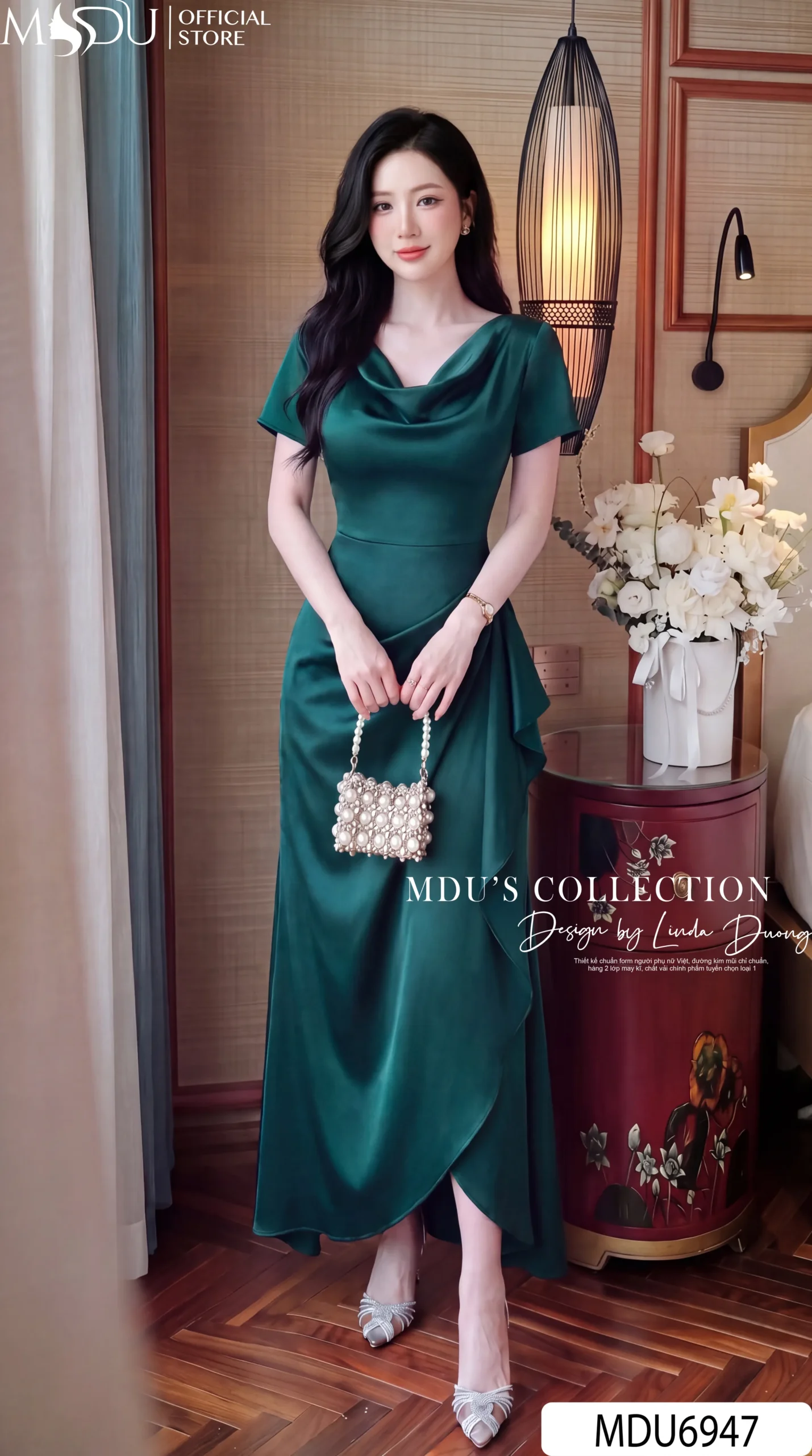 Váy Thiết Kế MDU6947 – Lụa Twist Satin Xanh Sang Trọng, Cổ Trùng Ly Phối Xẻ Tà